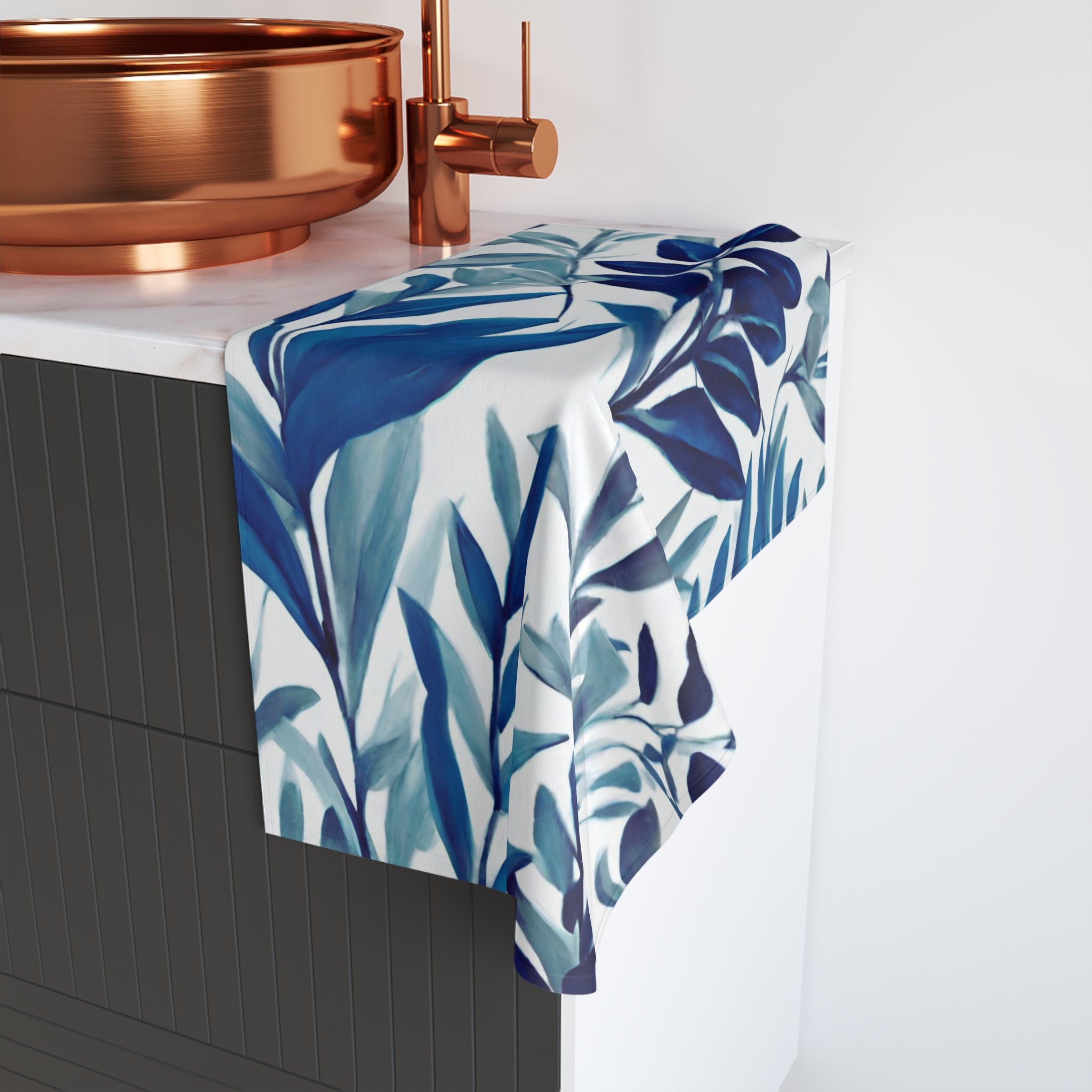 Kitchen, Bath Hand Towel | Floral Indigo Navy Teal Blue Leaves