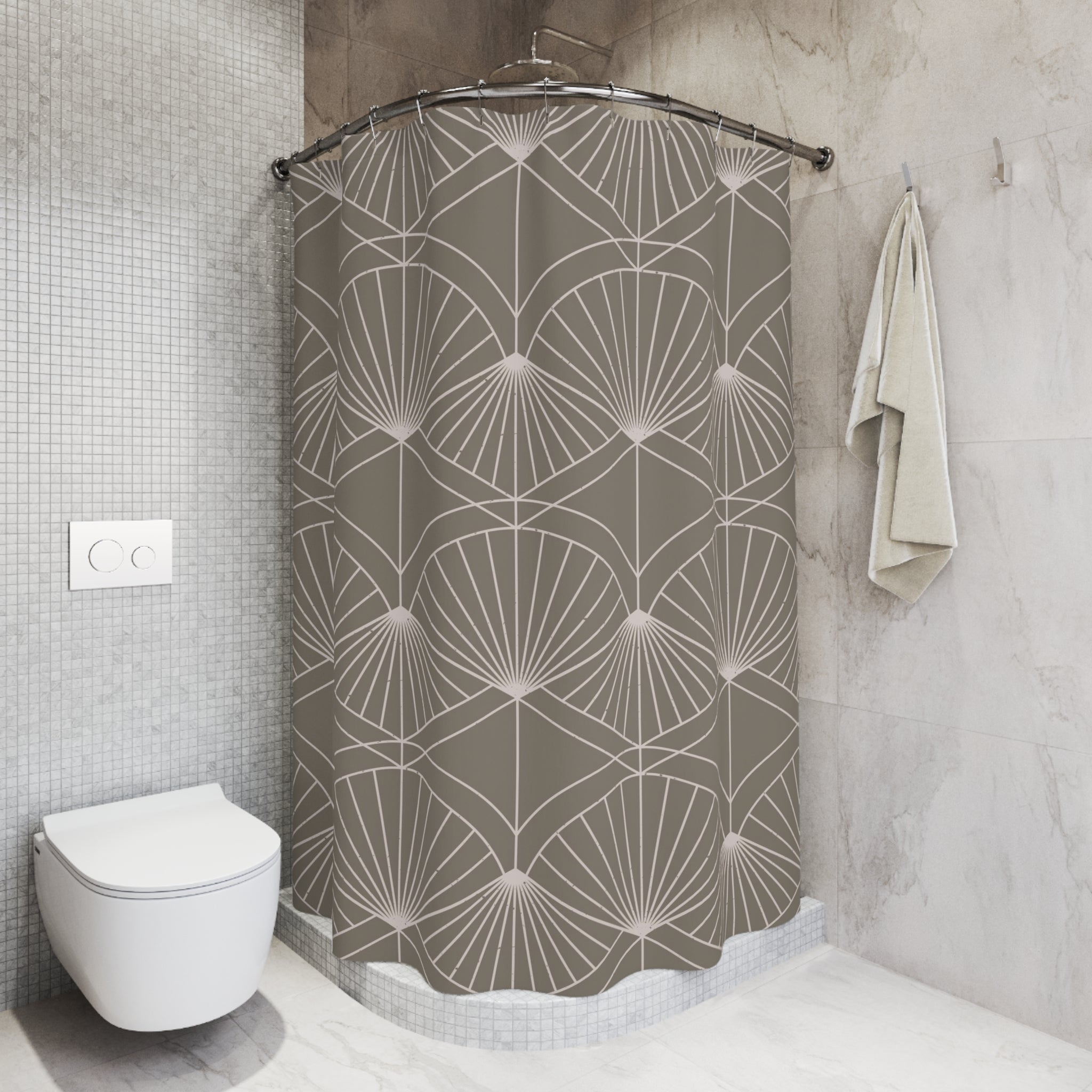 Art Deco Shower Curtain | Geometric Fan Taupe Bath Curtain