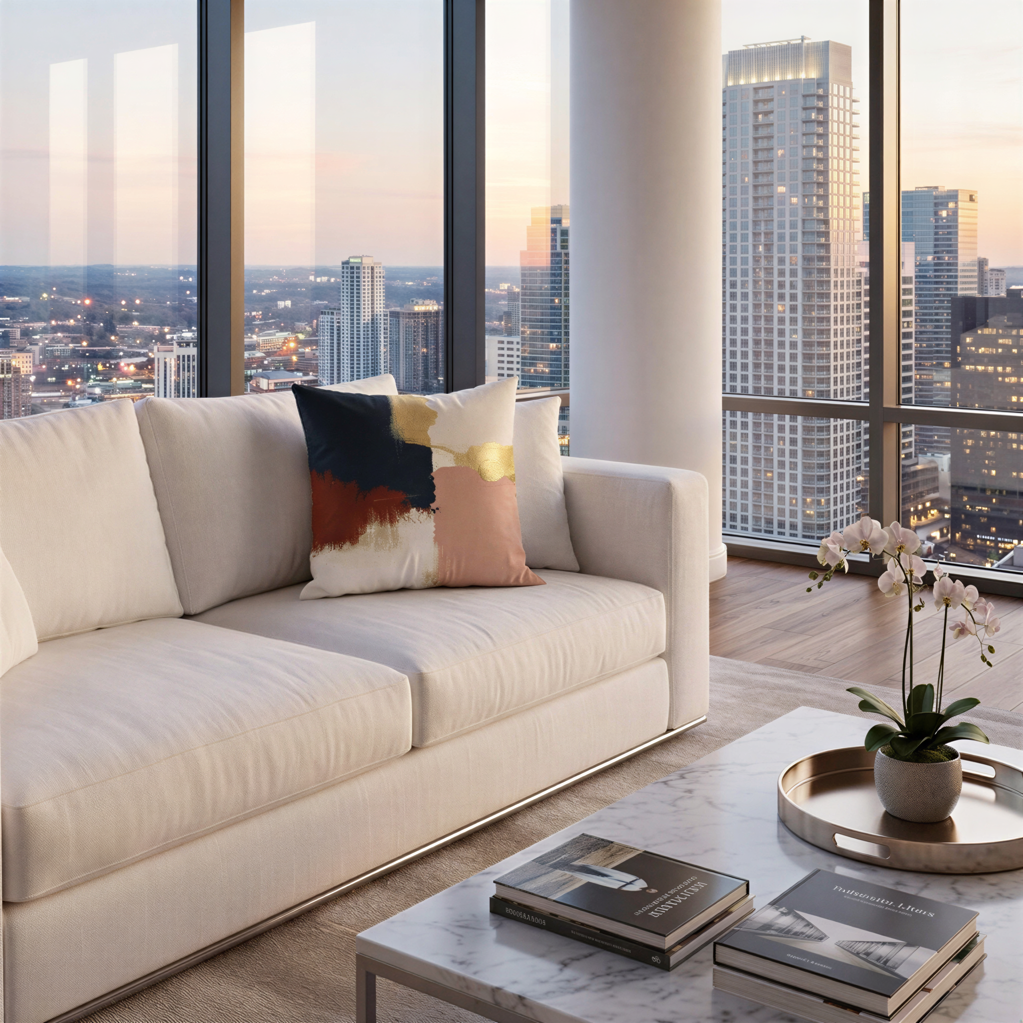 a modern living room with a large window offering a panoramic view of a city skyline at sunset. The room is furnished with a white sofa, a coffee table, and a potted plant. The sofa has a colorful throw pillow, and the coffee table displays a book and a vase with flowers. The city skyline in the background is illuminated by the warm glow of the setting sun, creating a serene and inviting atmosphere.