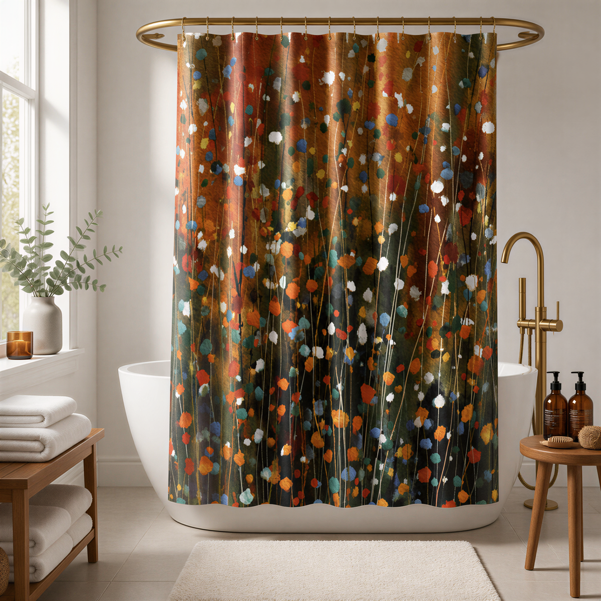 a bathroom with a shower curtain that has a colorful, abstract floral pattern. The shower curtain is hanging from a rod above a white bathtub. The bathroom also includes a wooden table, a potted plant, and some bottles, creating a cozy and stylish atmosphere.
