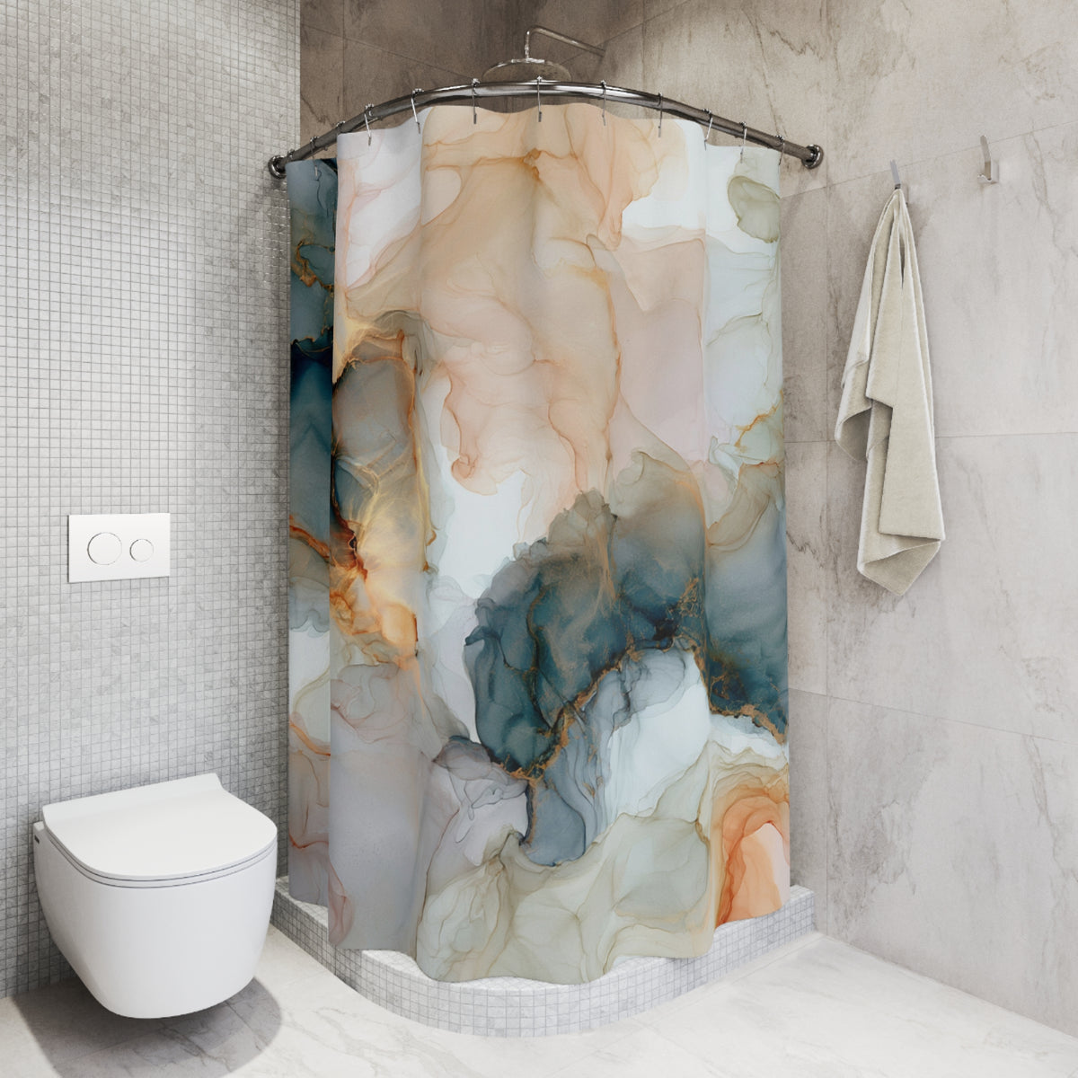 a bathroom with a shower curtain that has a colorful abstract design. The shower curtain is hanging on a rod next to a towel. The bathroom has a white toilet and a tiled wall.
