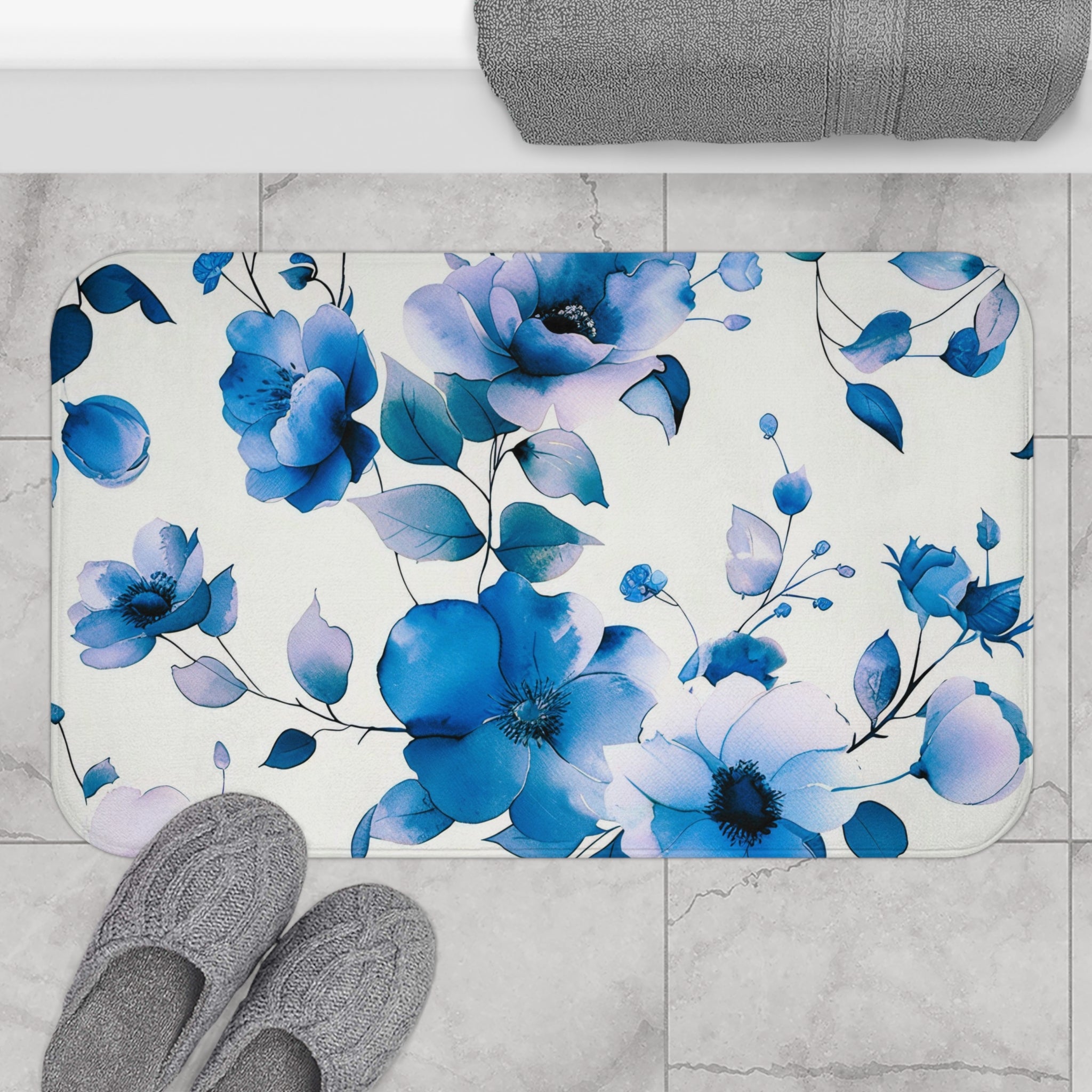 Bath, Kitchen Mat | Floral, Indigo Blue, Lavender White