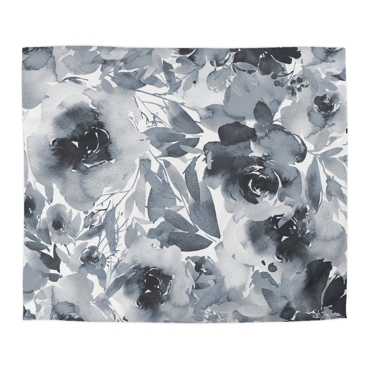 The image is a black and white floral print featuring various flowers and leaves in shades of gray and white.