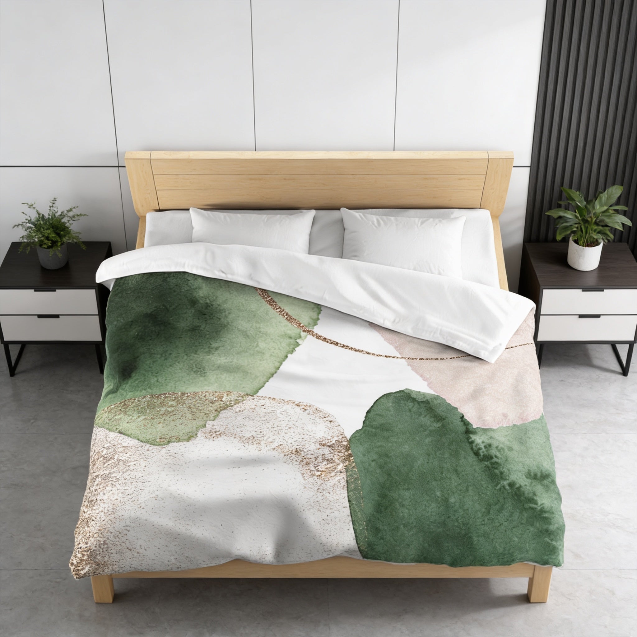 a modern bedroom with a wooden bed frame and a green and white abstract patterned comforter. There are two nightstands on either side of the bed, each with a plant on top. The room has a minimalist and clean design, with white walls and a gray floor.