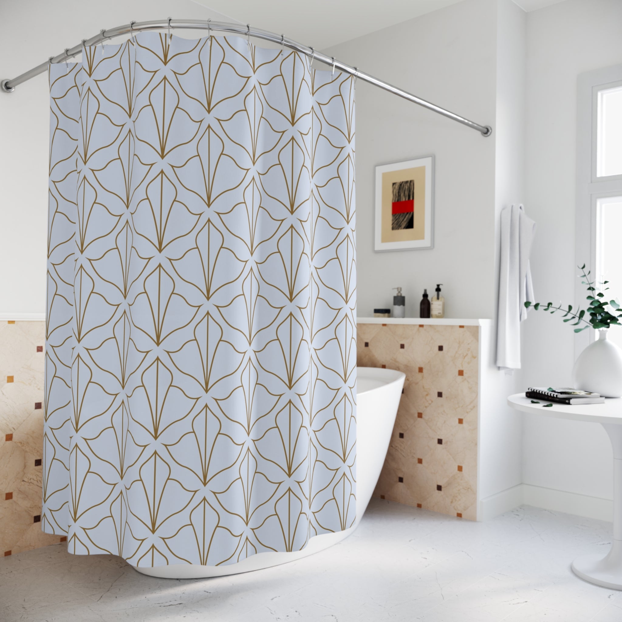 Art Deco Shower Curtain | Blue, Taupe Abstract Lotus