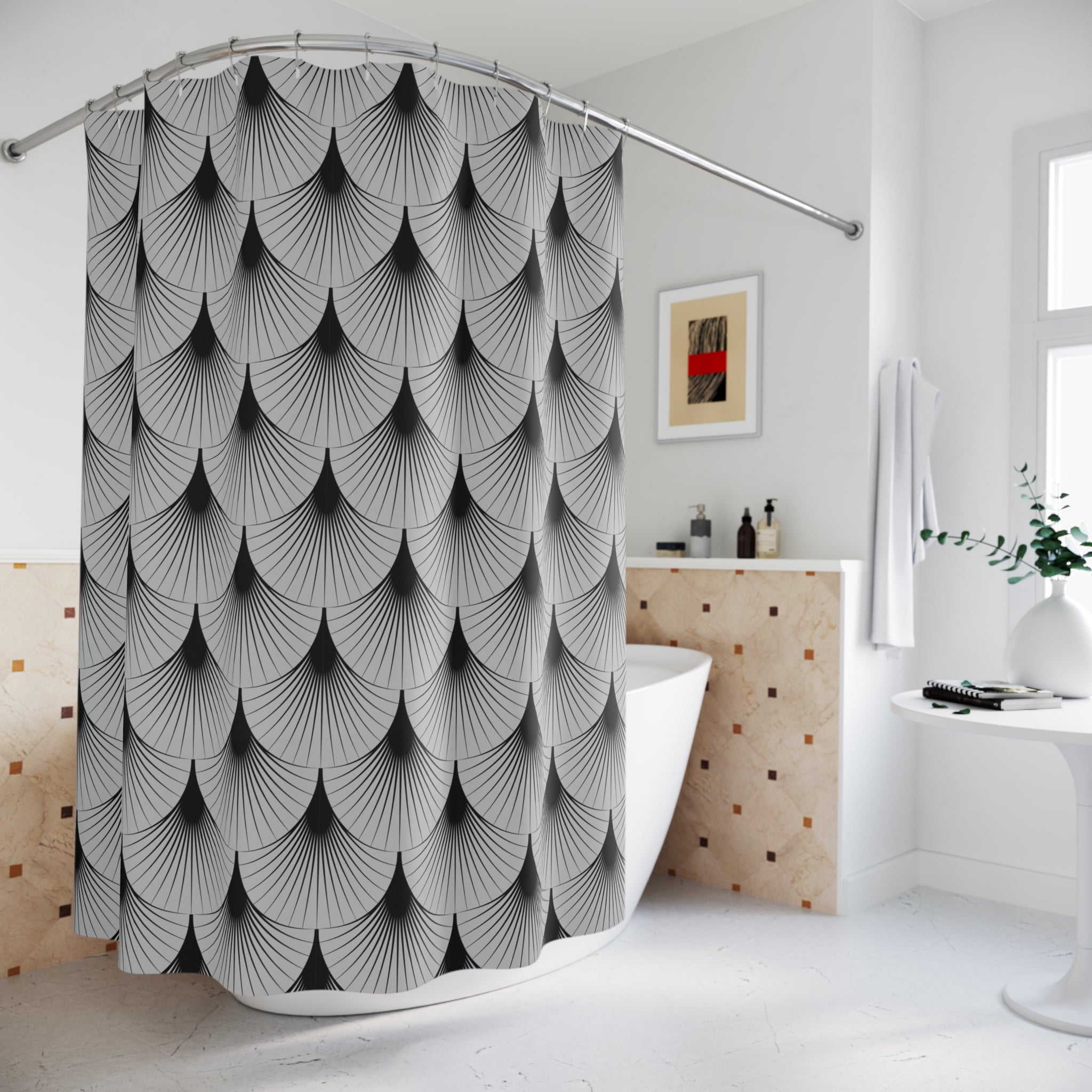 Black Grey Shower Curtain | Art Deco Nouveau Fan