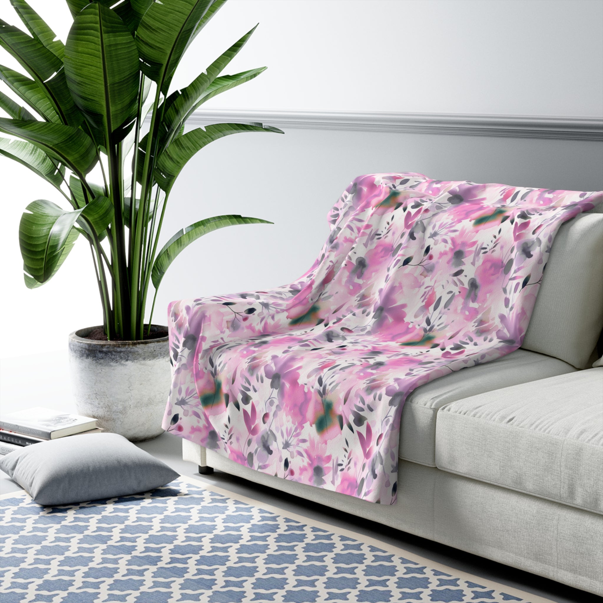 Floral Throw Blanket | White Pink Purple Green Watercolor