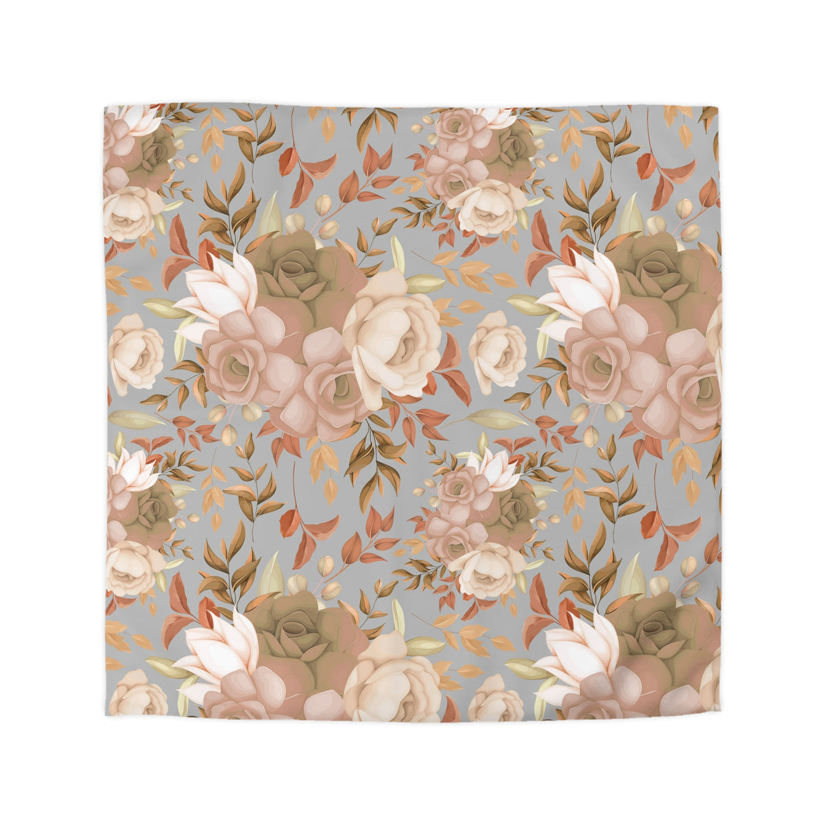 a repeating floral pattern with various shades of pink, white, and brown flowers and leaves against a light gray background.