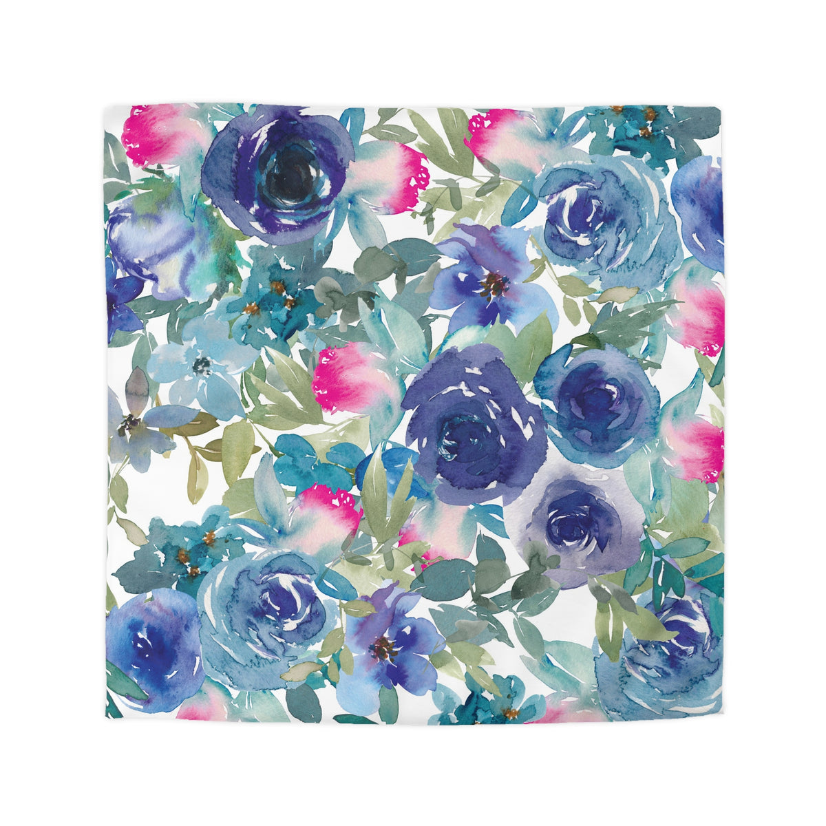 The image is a vibrant and colorful floral pattern featuring various shades of blue, pink, and green flowers and leaves.