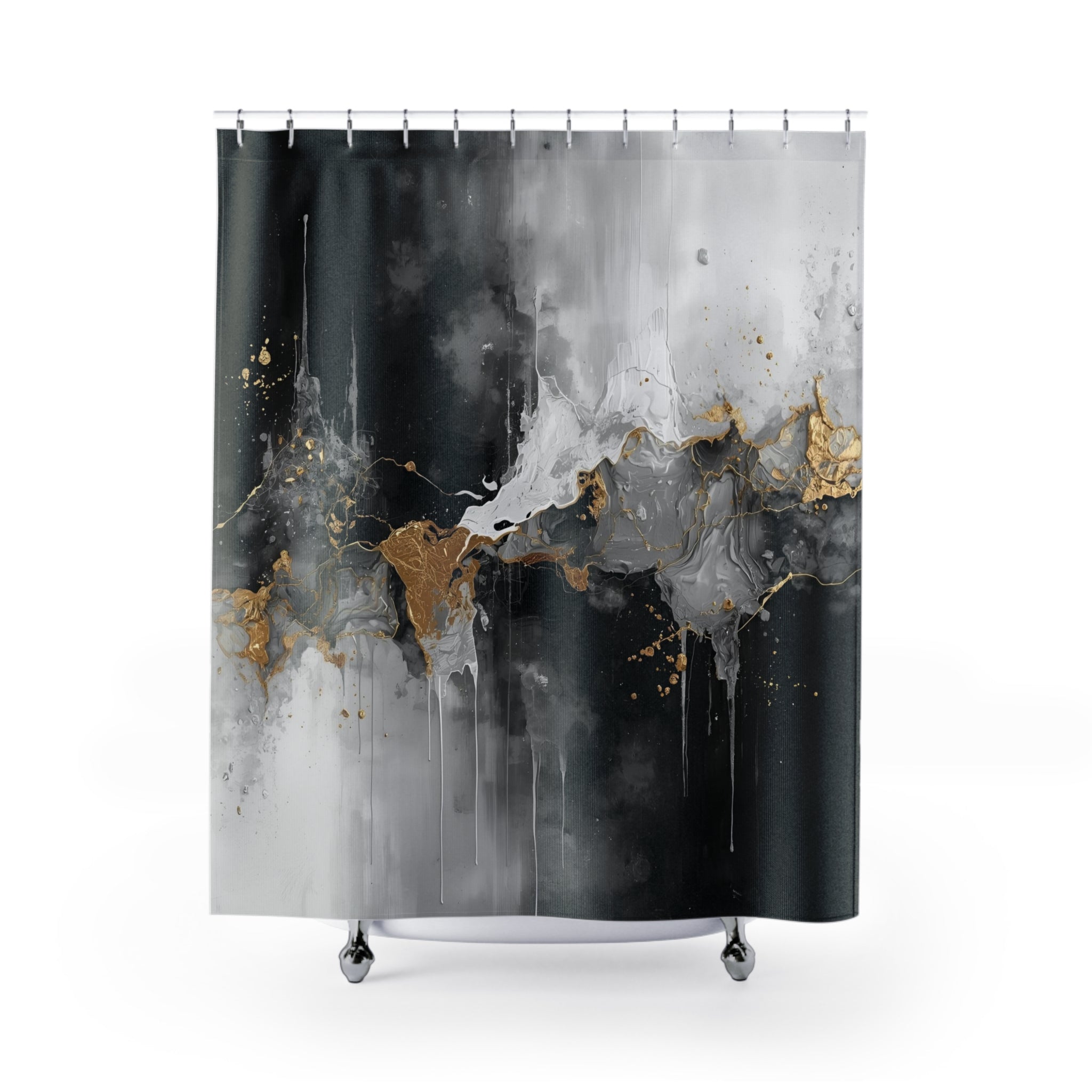 Abstract Shower Curtain | Moody Black Grey, Muted Gold Watercolor
