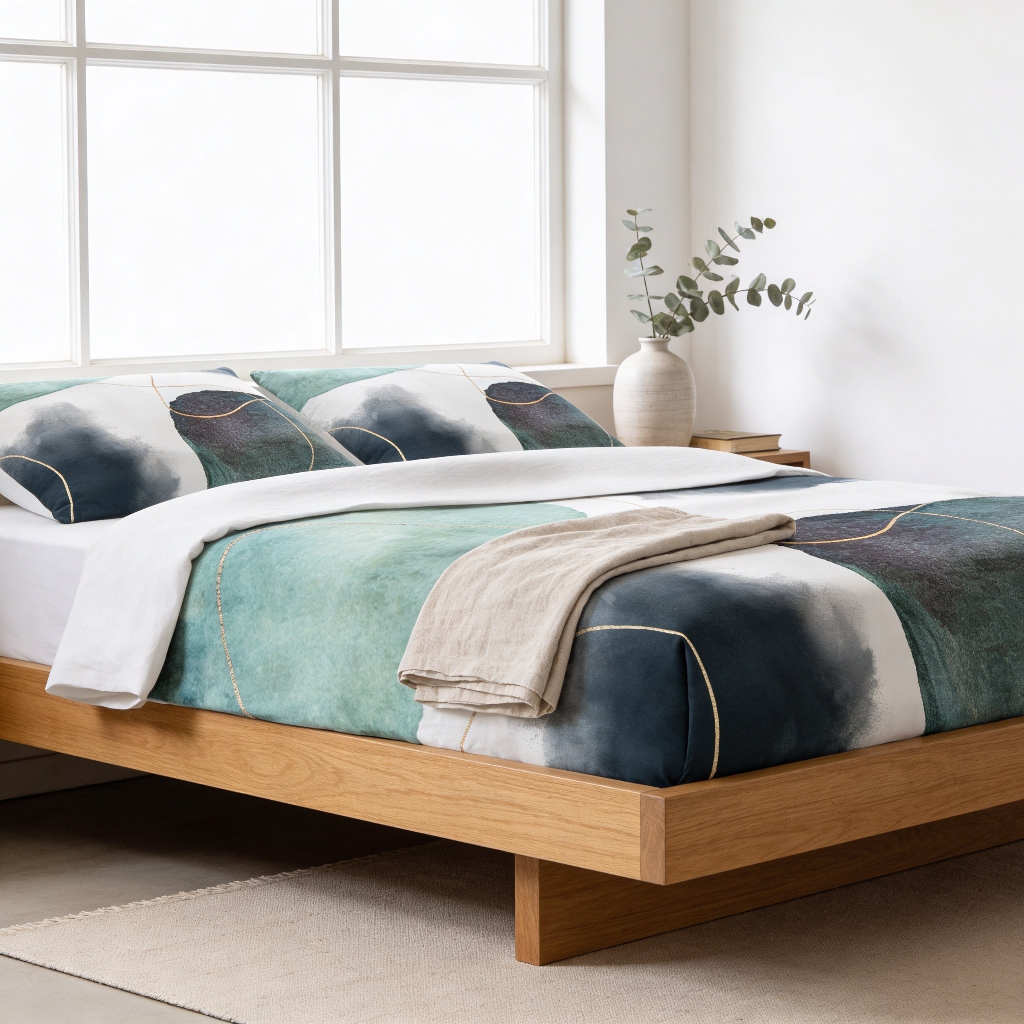 a modern bedroom with a wooden bed frame, a white and blue abstract-patterned comforter, and a beige throw blanket. The room has a large window that allows natural light to fill the space, and a small vase with greenery on the windowsill.