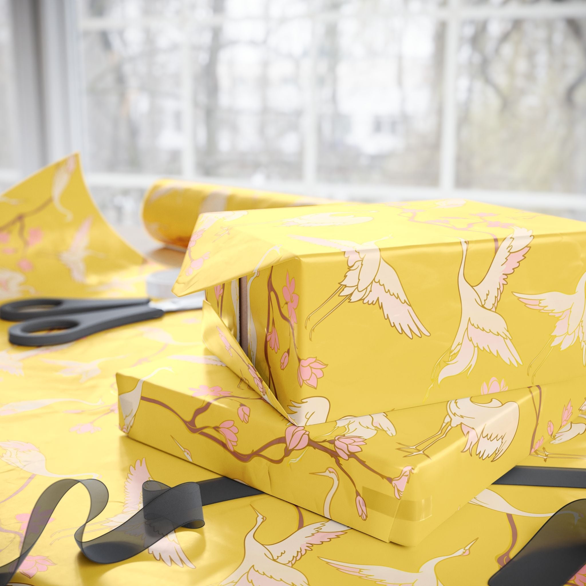 Japanese Yellow Wrapping Paper | Blush Pink Crane Stork Birds