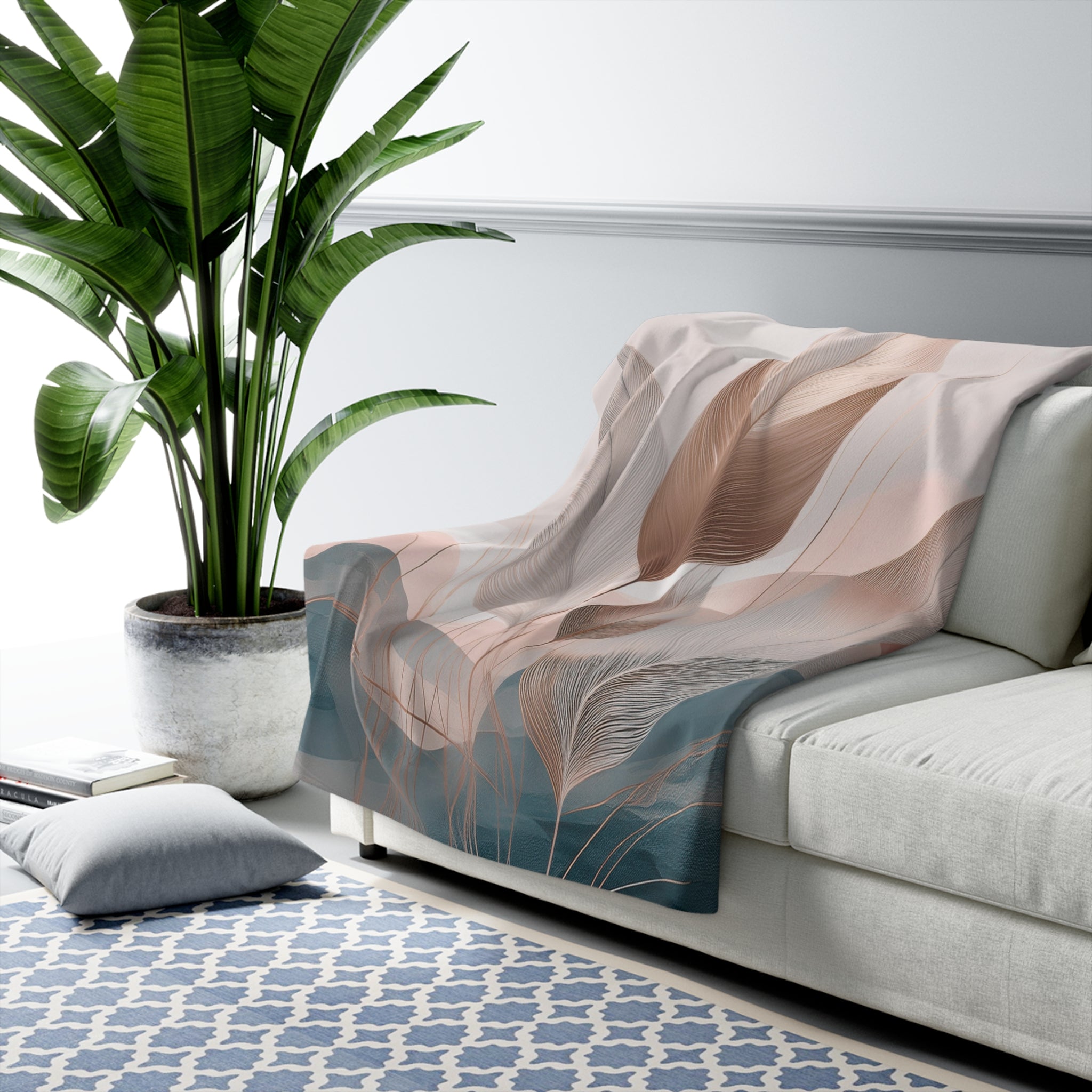 Abstract Leaf Throw Blanket | Earthy Neutral Blue Blush Beige