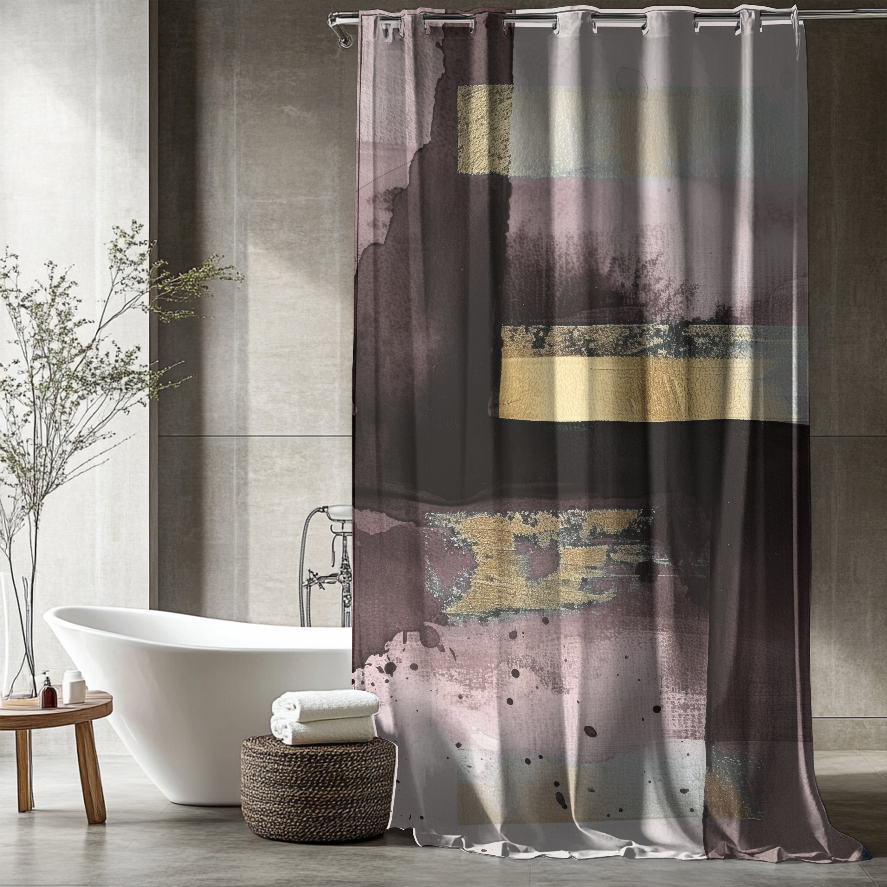 a modern bathroom with a white bathtub, a woven basket, and a plant. The shower curtain has a colorful abstract design in shades of purple, pink, and gold.