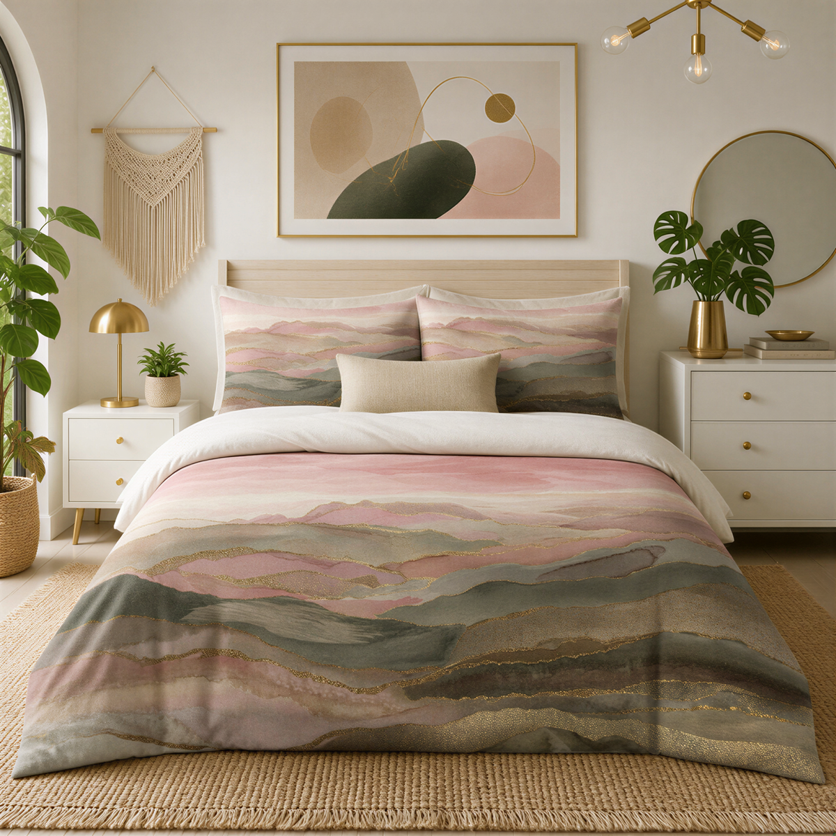 a well-decorated bedroom with a large bed, a framed abstract artwork on the wall, and various decorative elements such as a potted plant, a vase, and a mirror.