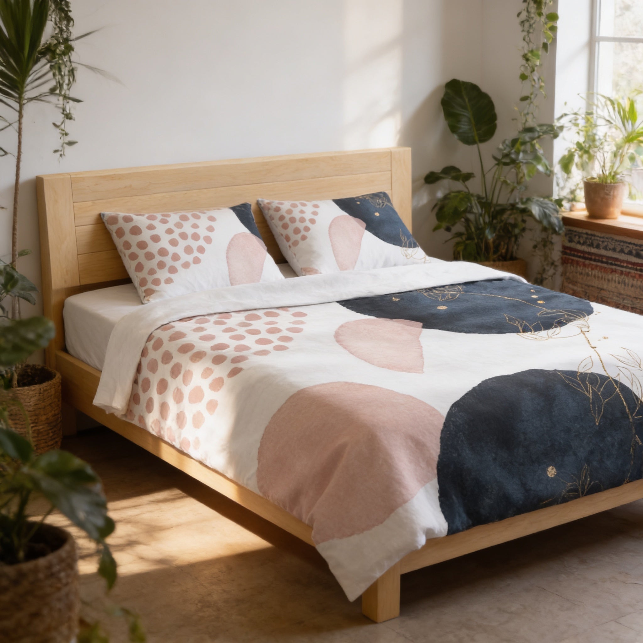 a cozy bedroom with a wooden bed frame, featuring a colorful abstract patterned comforter and pillows. The room is decorated with potted plants and a window, creating a warm and inviting atmosphere.