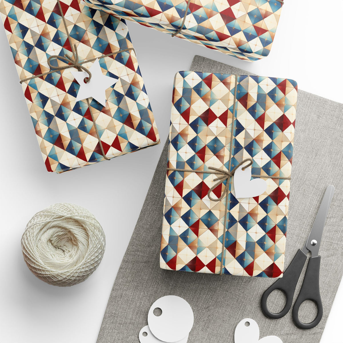 Red Blue Beige Geometric Triangle Wrapping Paper, Gift Wrap