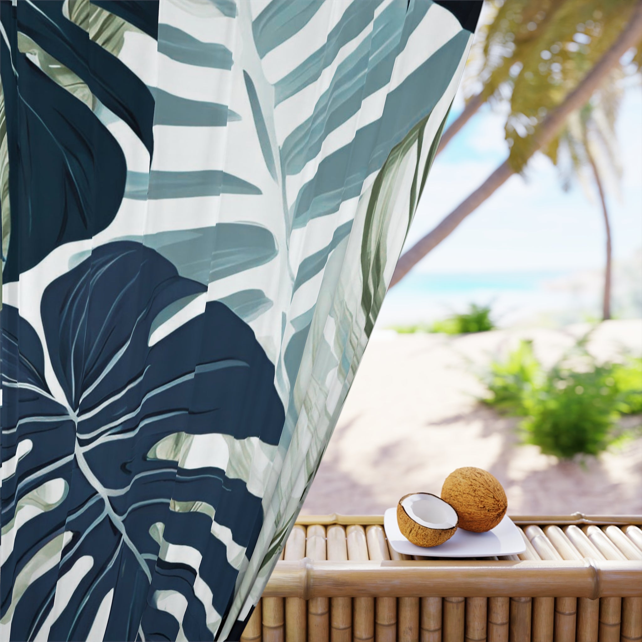 Floral Window Curtain | Navy Blue Monstera Leaf, Jungle