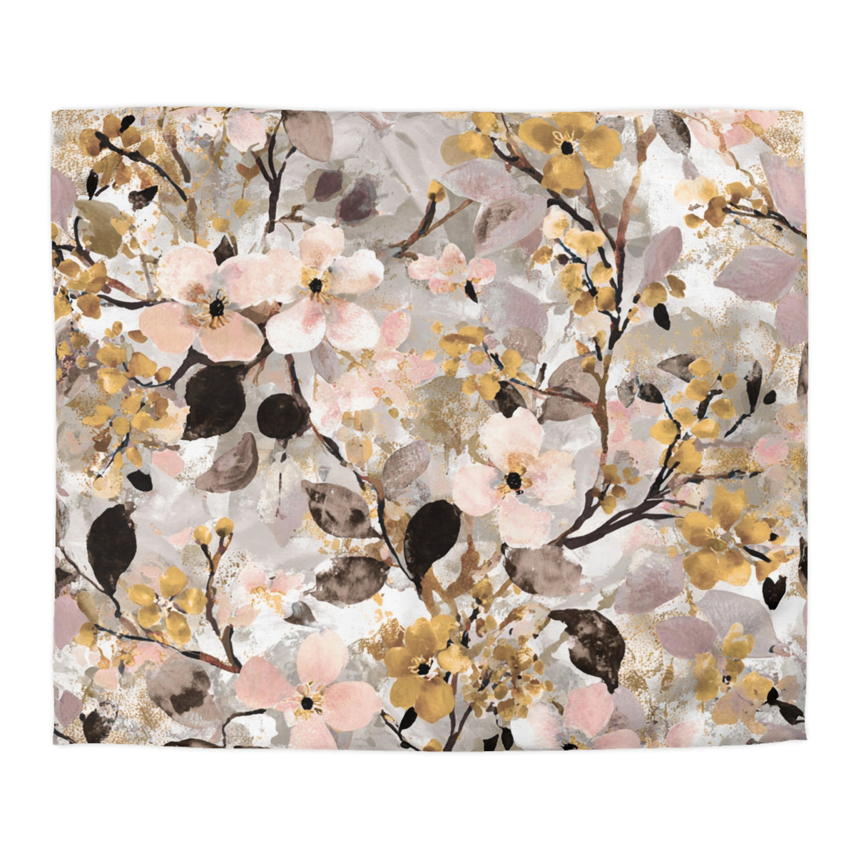The image is a vibrant and colorful floral print featuring a variety of flowers and leaves in shades of pink, yellow, and brown. The print appears to be a collage of multiple images, creating a visually striking and dynamic composition.