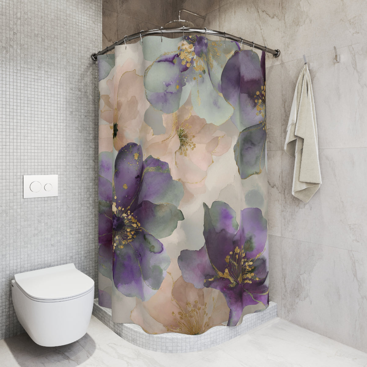 a bathroom with a shower curtain adorned with a floral pattern in shades of purple and green. The shower curtain is hanging from a rod next to a towel. The bathroom also includes a toilet and a sink.