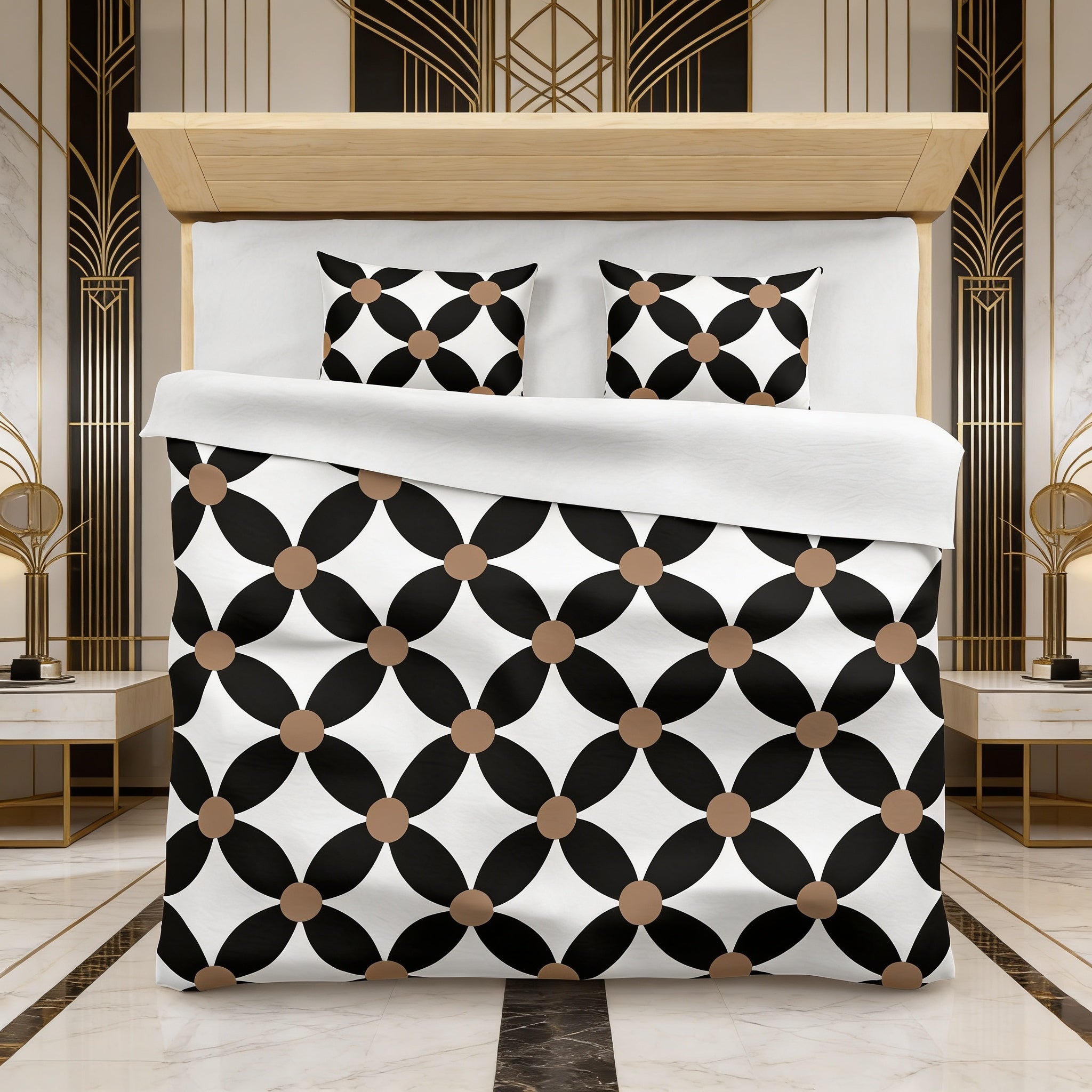 a modern bedroom with a large bed adorned with a black and white geometric patterned comforter and matching pillows. The bed is set against a backdrop of an ornate wall design with gold accents, creating an elegant and sophisticated atmosphere.
