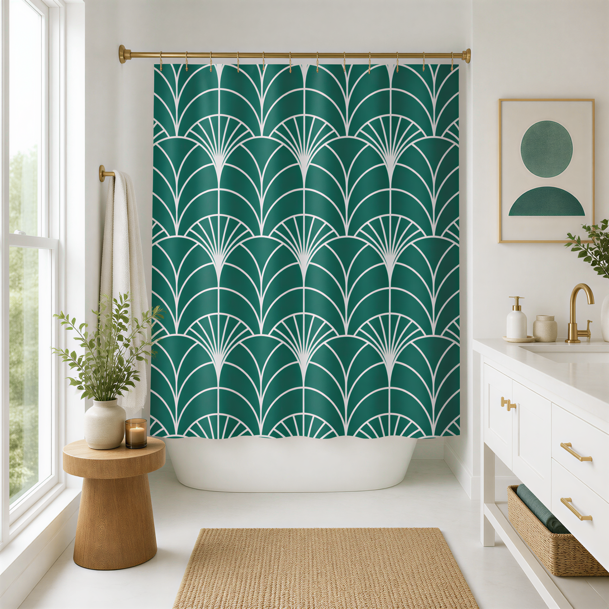a modern bathroom with a large green and white patterned shower curtain, a white bathtub, a wooden side table, and a white sink with a gold faucet.