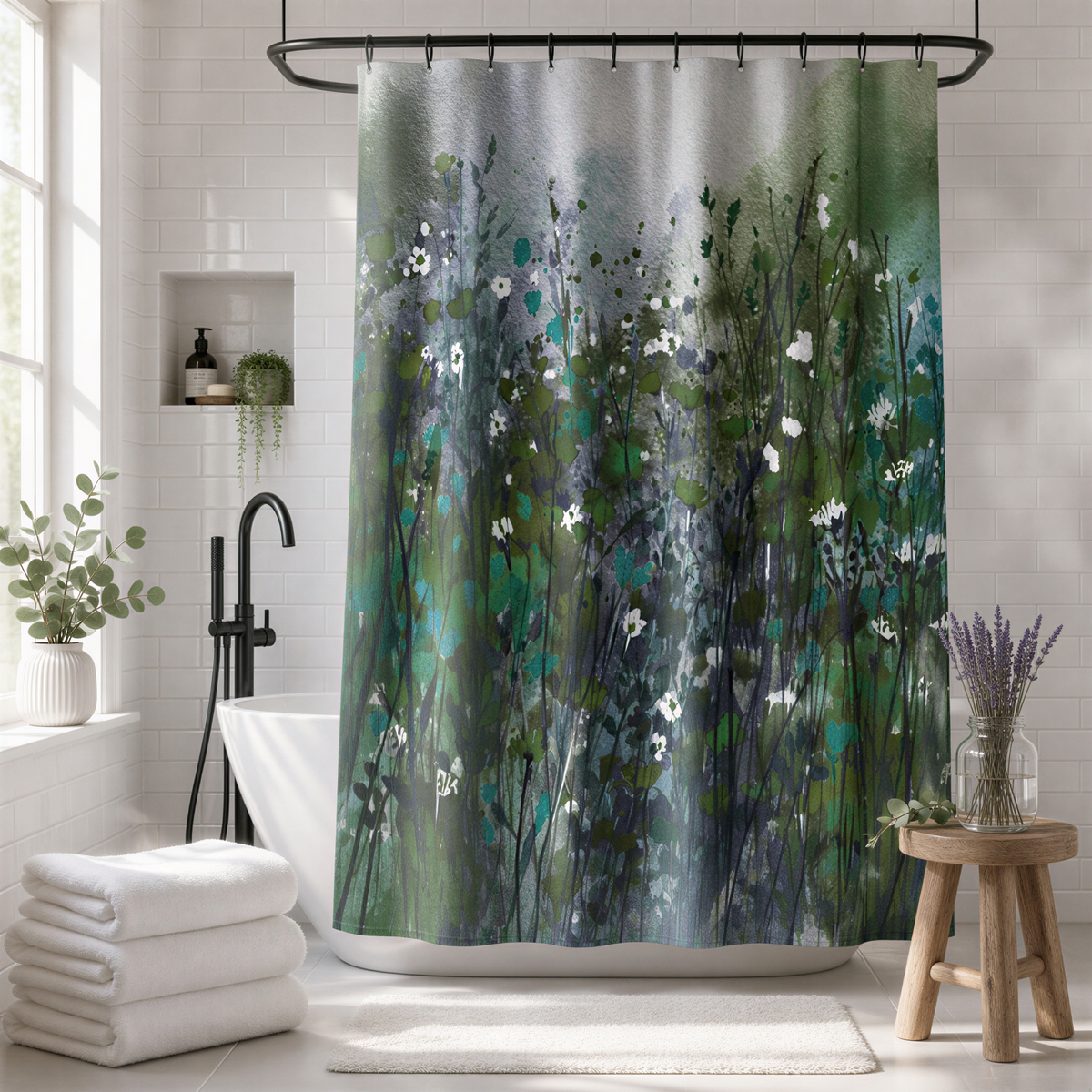 a bathroom with a shower curtain featuring a floral design in shades of green and white. The bathroom is decorated with a wooden stool, a potted plant, and a vase of flowers.