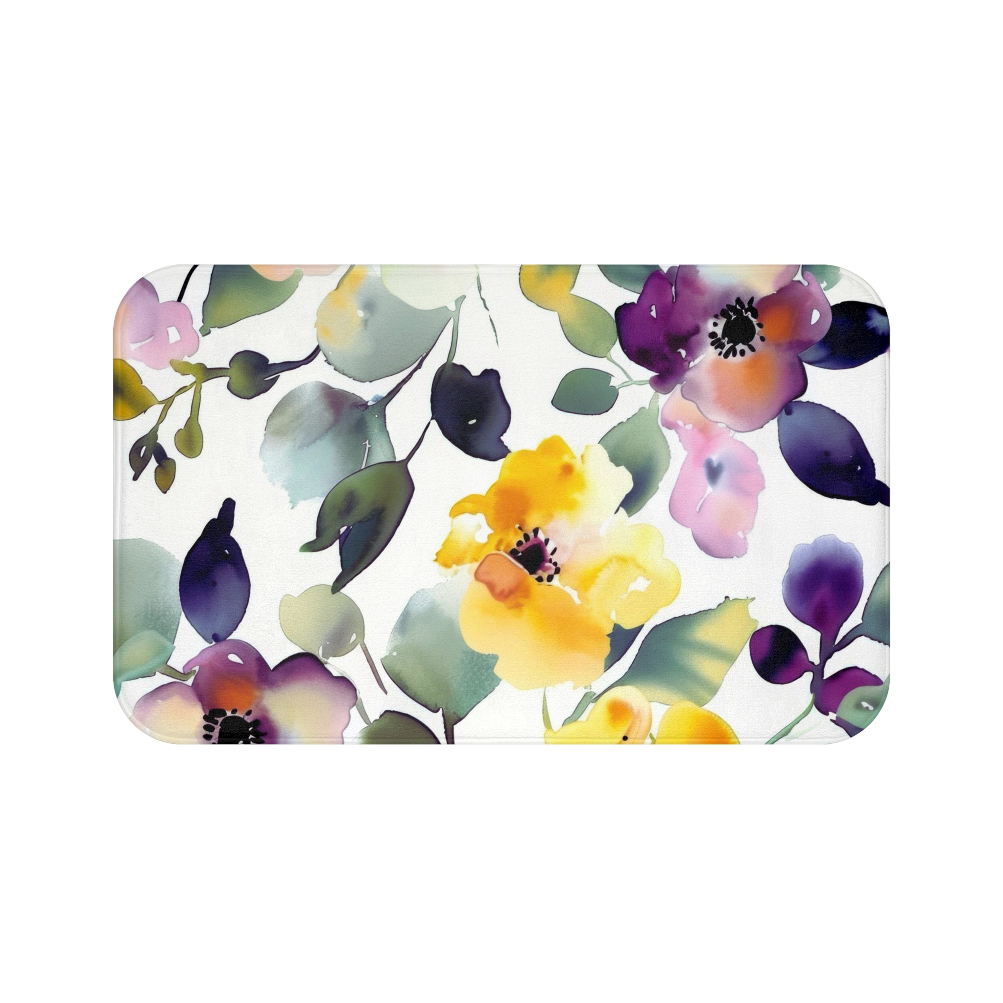 Floral Bath, Kitchen Mat | Botanical Yellow Purple, Green Watercolor