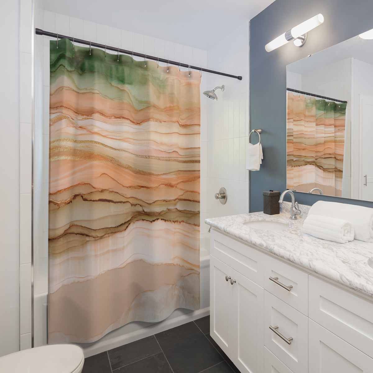 Terracotta Green Abstract Agate Shower Curtain, Bath Curtain 71x74