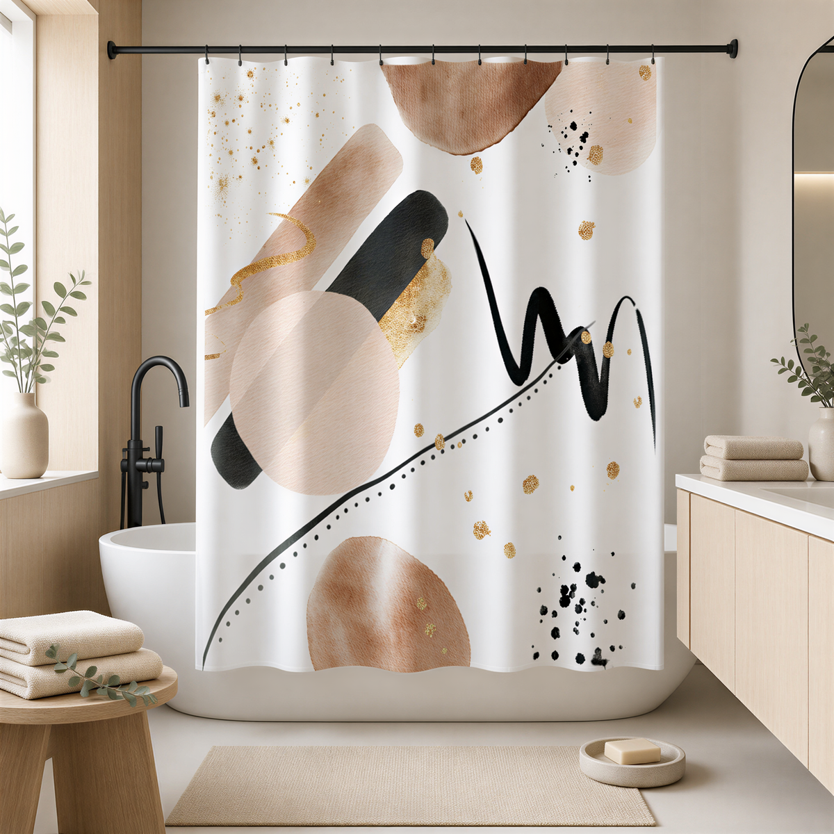 a modern bathroom with a shower curtain featuring abstract geometric shapes in shades of pink, black, and gold.