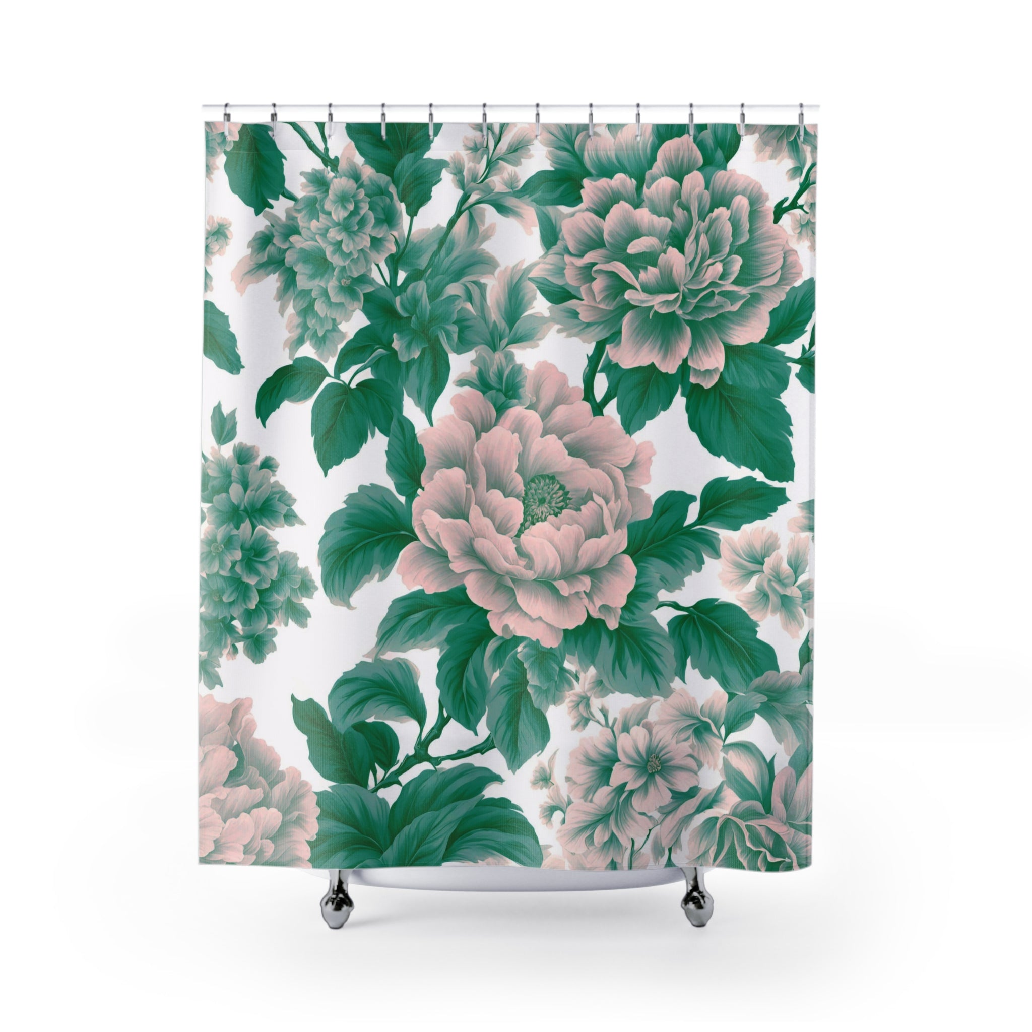 Boho Shower Curtain | Green Blush Pink Flowers