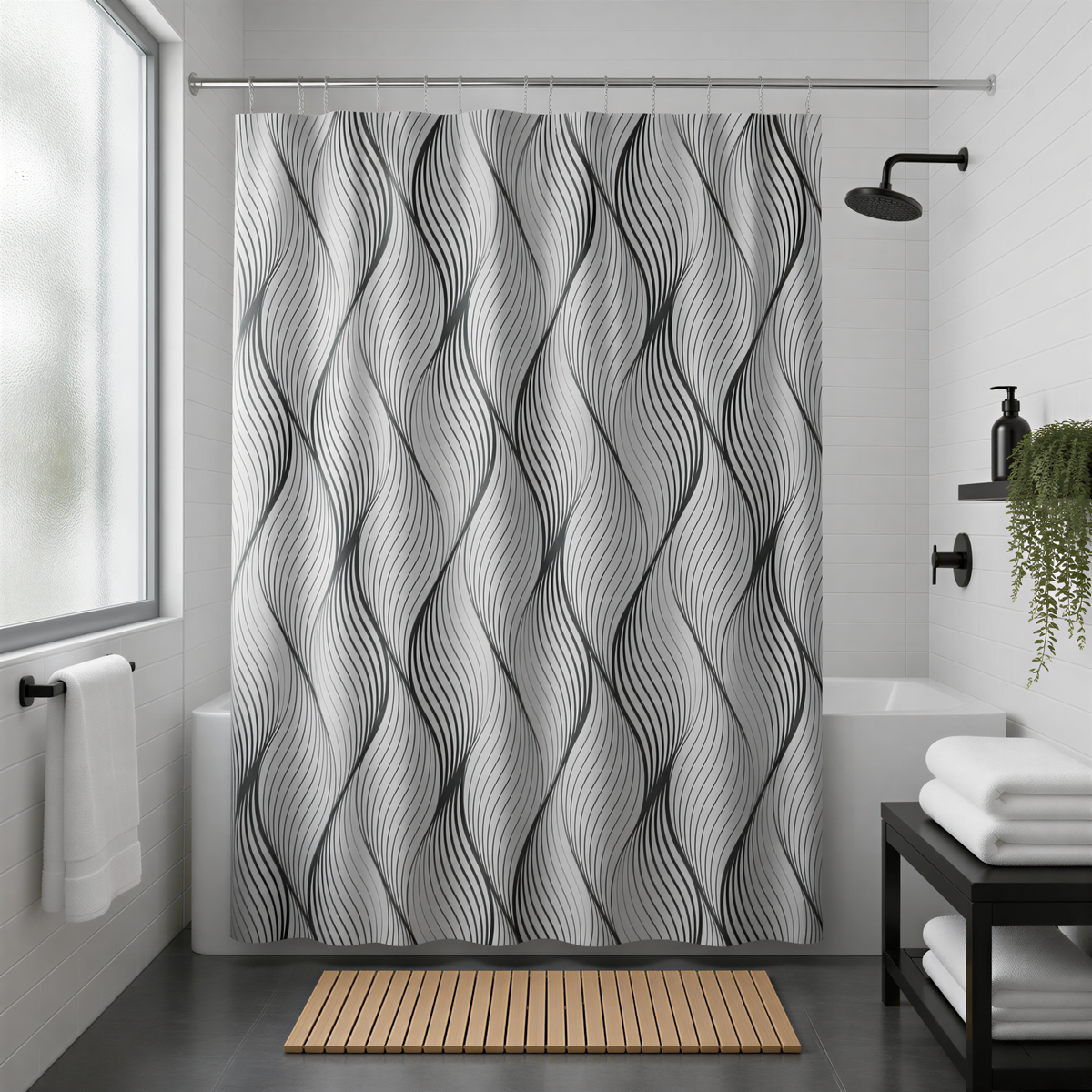 a modern bathroom with a large, abstract black and white shower curtain featuring a wave-like pattern. The bathroom is well-lit, with a window providing natural light and a wooden rug on the floor.