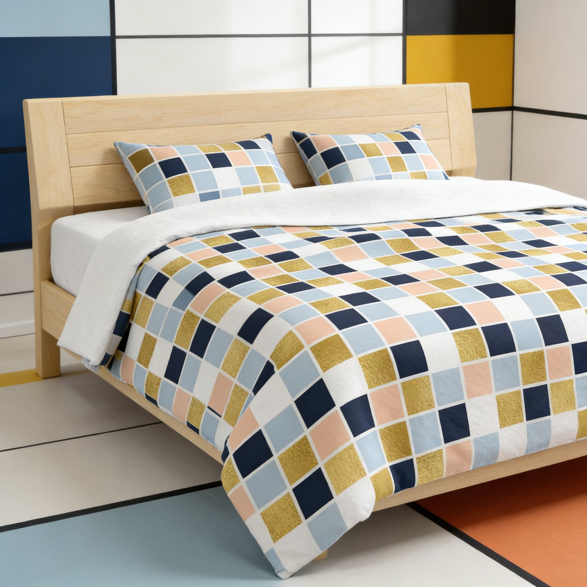 a modern bedroom with a wooden bed frame and a colorful, geometric patterned comforter.