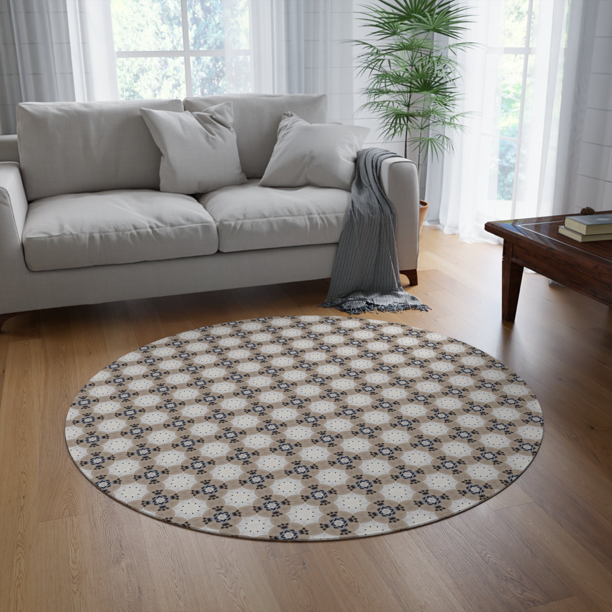 Boho Round Area Rug | Mandala Beige Blue, Grey Black