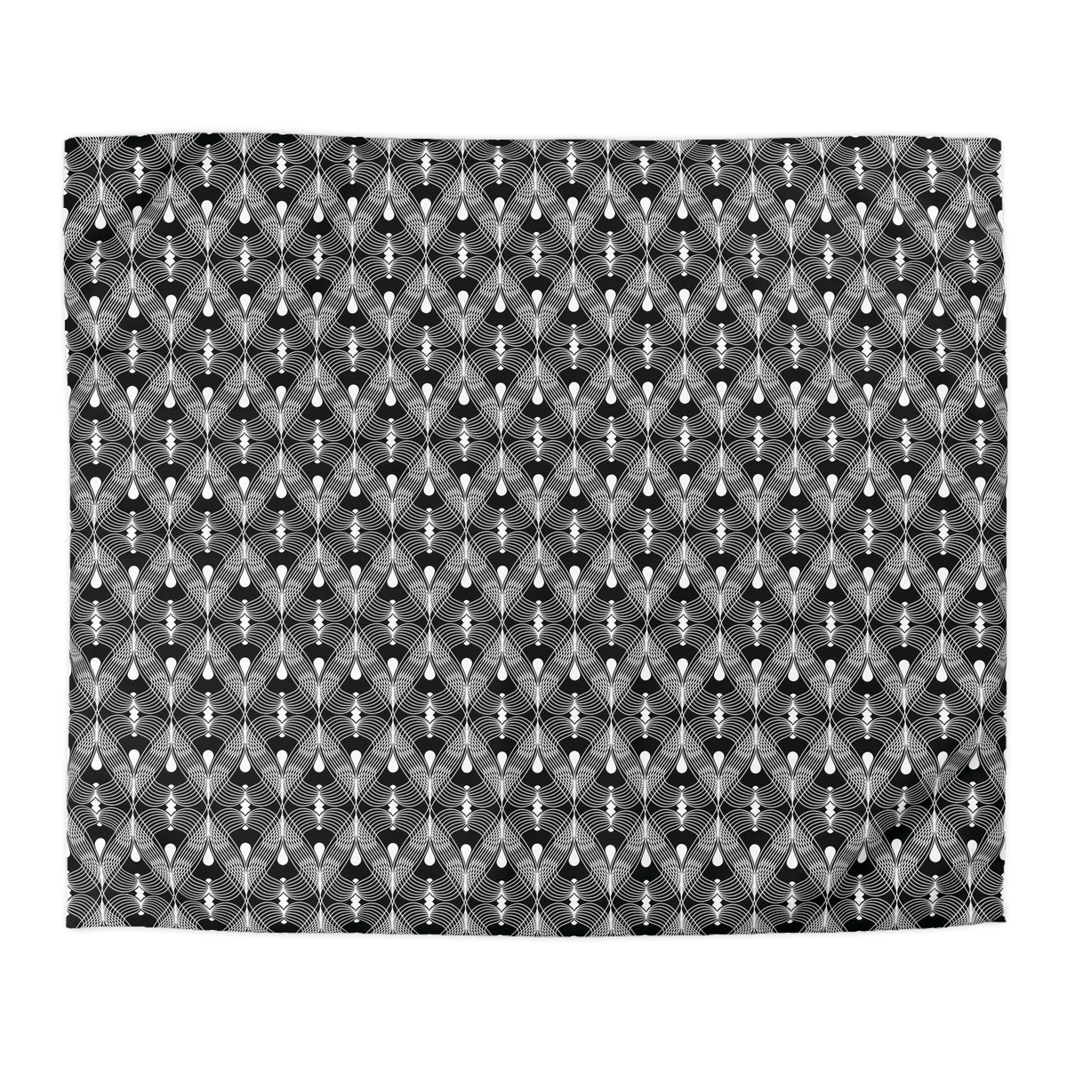 a repeating pattern of black and white geometric shapes, creating a visually striking and symmetrical design.