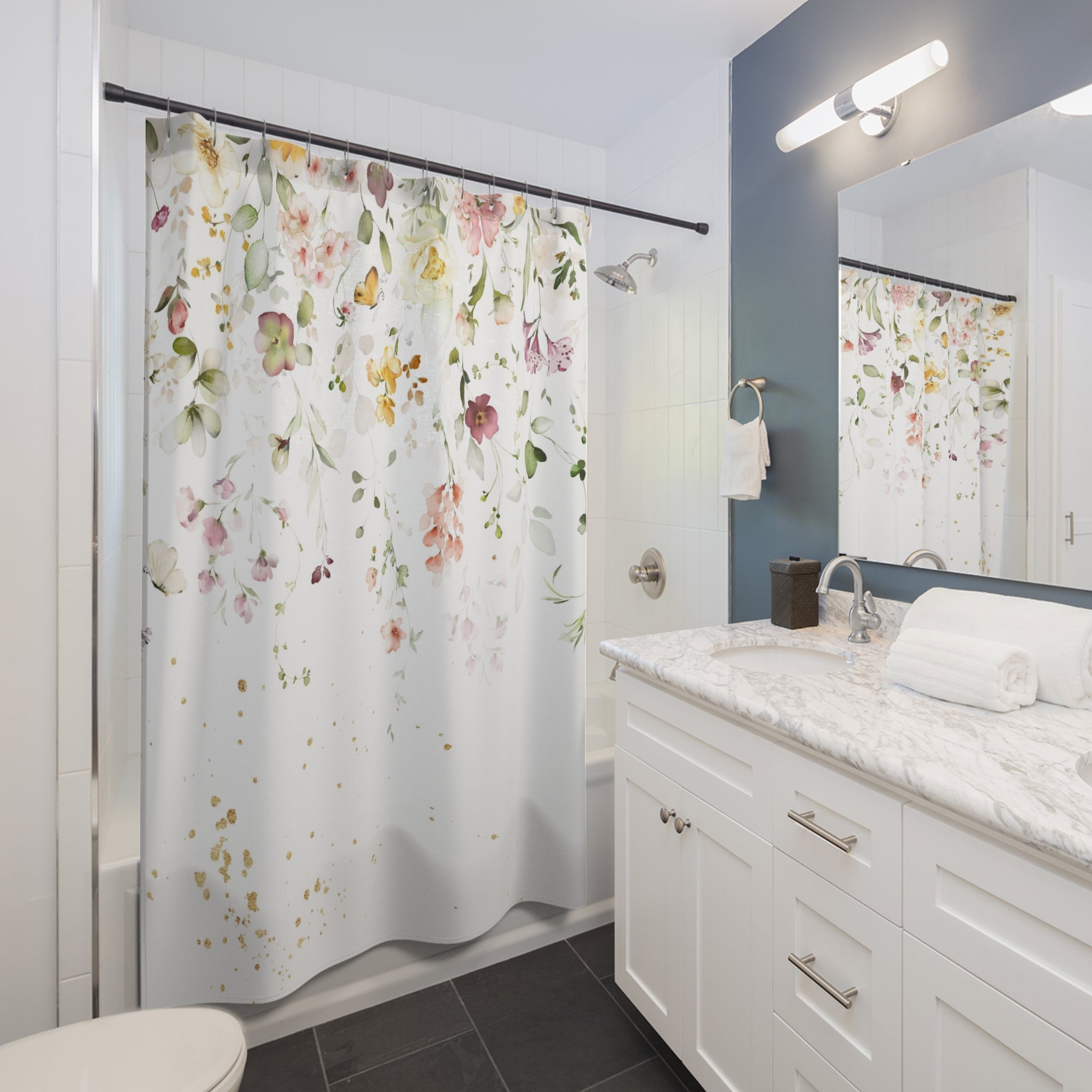 Boho Shower Curtain | White Floral Fabric Curtain