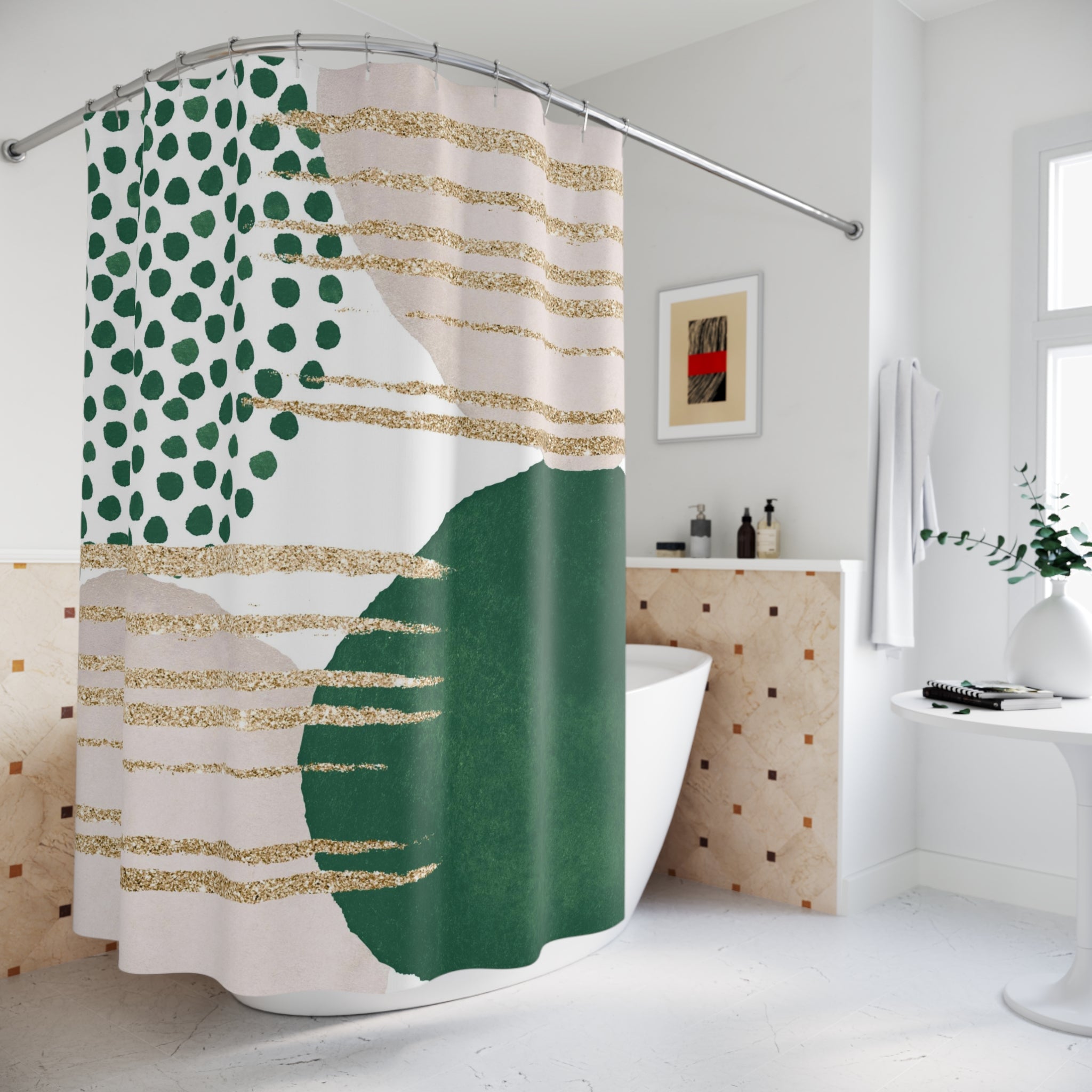 Mid Century Shower Curtain | Abstract Watercolor Green Blush, Beige