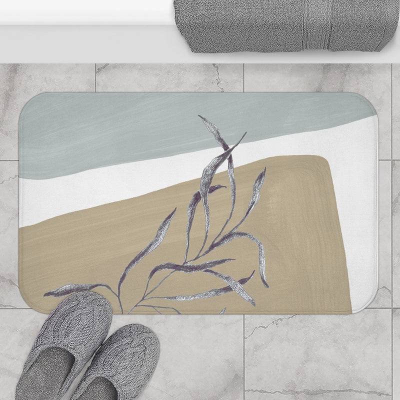 Abstract Boho Bath Mat | Modern Organic, Beige Blue Grey leaf
