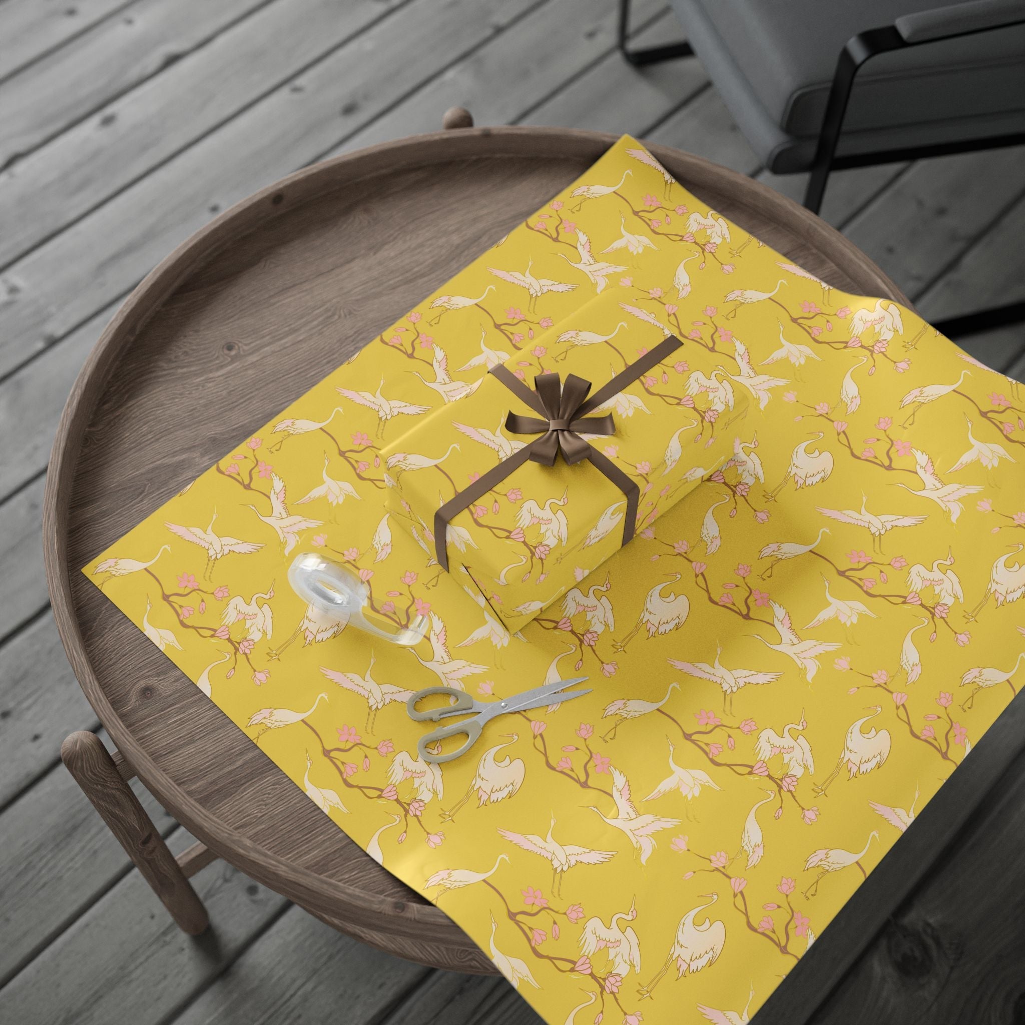Japanese Yellow Wrapping Paper | Blush Pink Crane Stork Birds