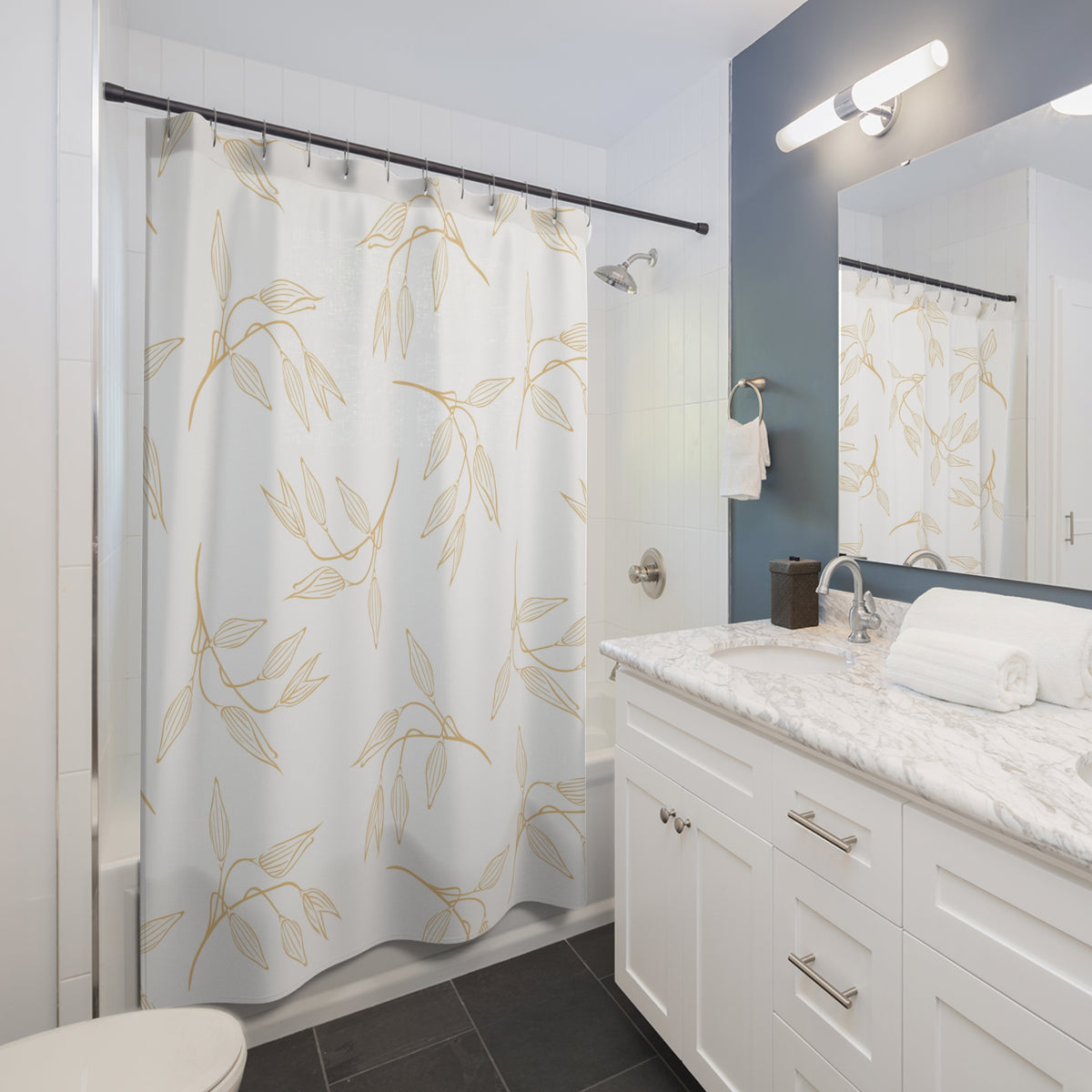 Beige White Minimalist Leaf Shower Curtain, Bath Curtain 71x74