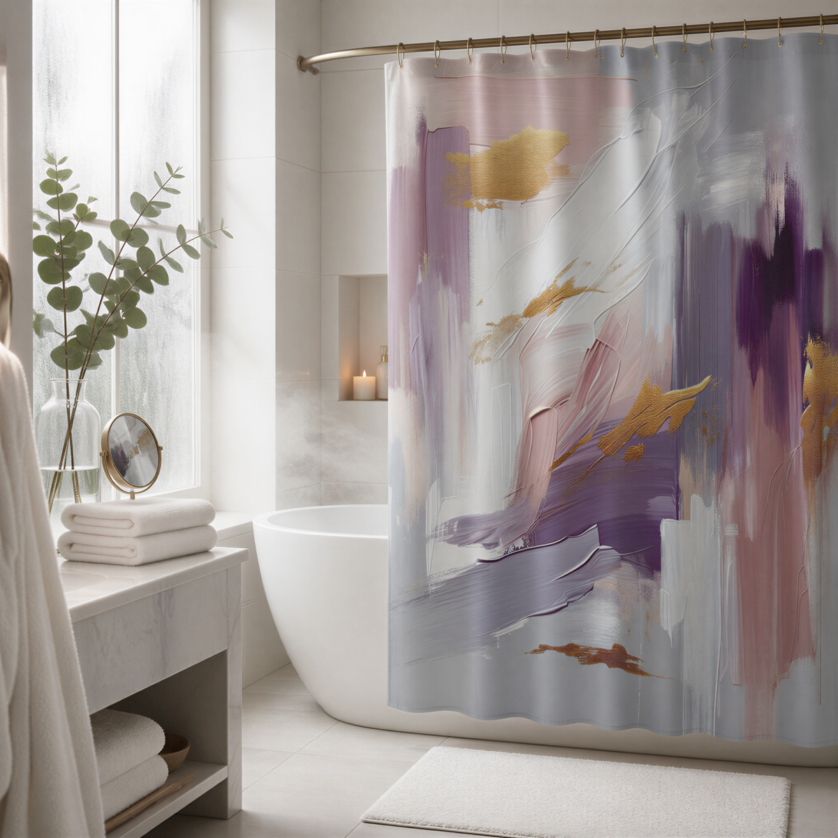 a modern bathroom with a white bathtub, a large abstract painting on the wall, and a mirror above the bathtub.
