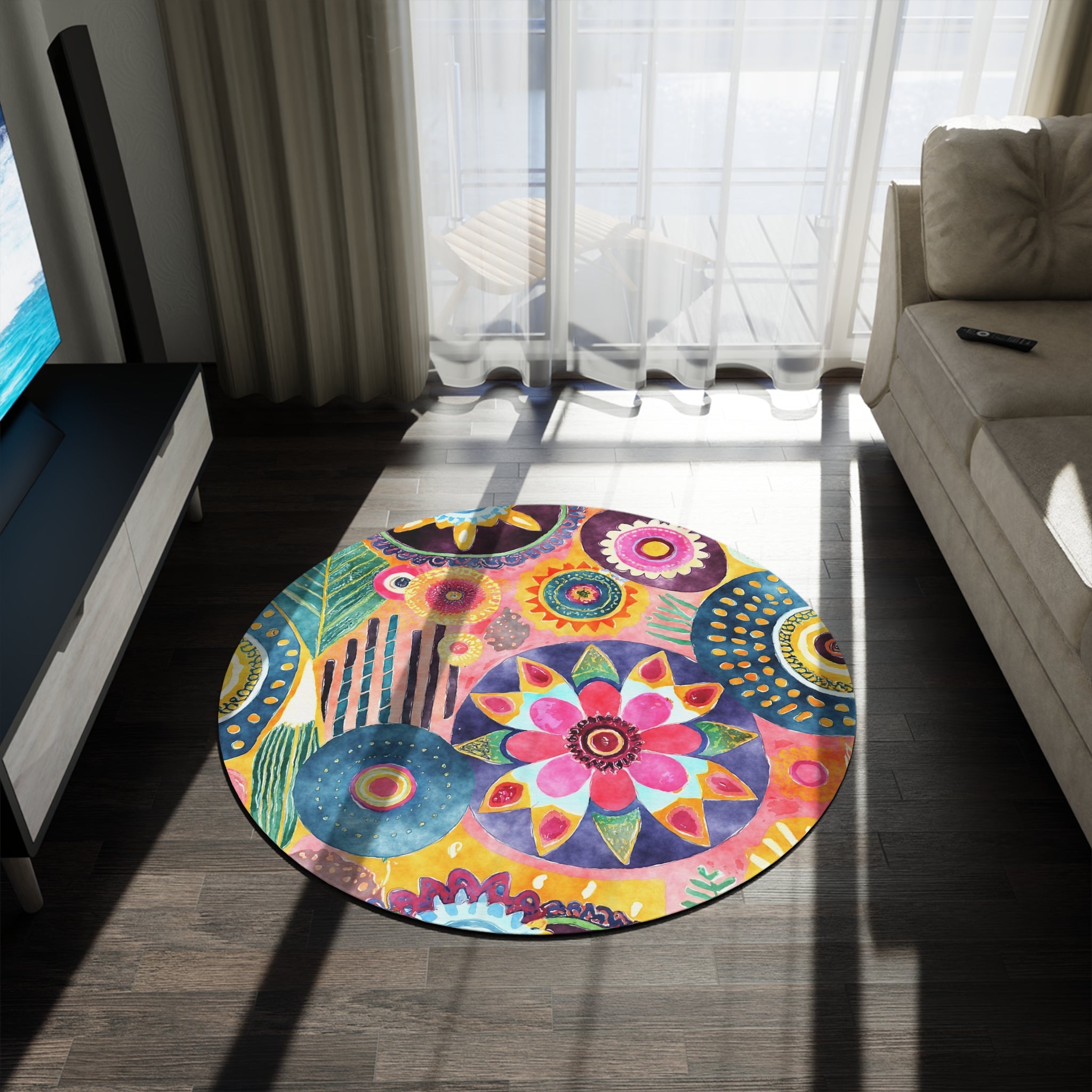 Colorful Funky Round Area Rug | Mandala Yellow Green Blue