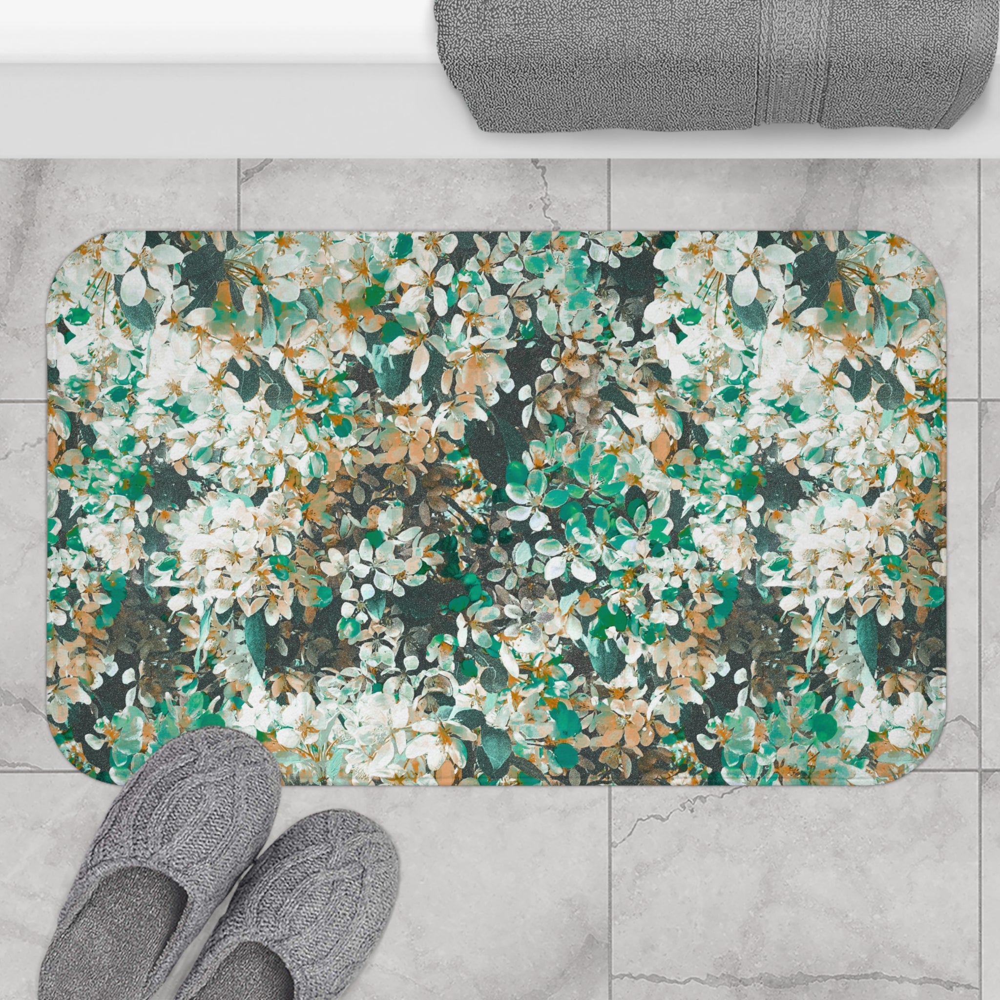 Floral Bath Mat | Green Beige White Kitchen Mat