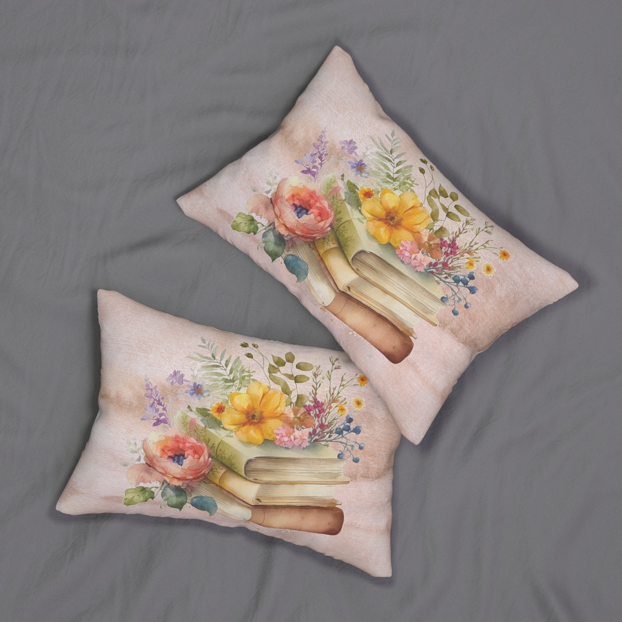 Boho Lumbar Pillow | Colorful Flowers and Books