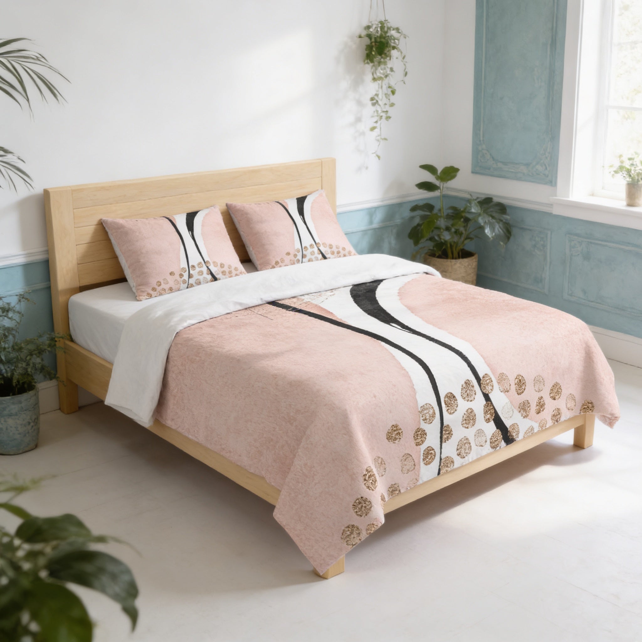 a bedroom with a bed featuring a pink and white comforter with a black and white pattern. The bed is surrounded by potted plants, and the room has a white and blue color scheme.