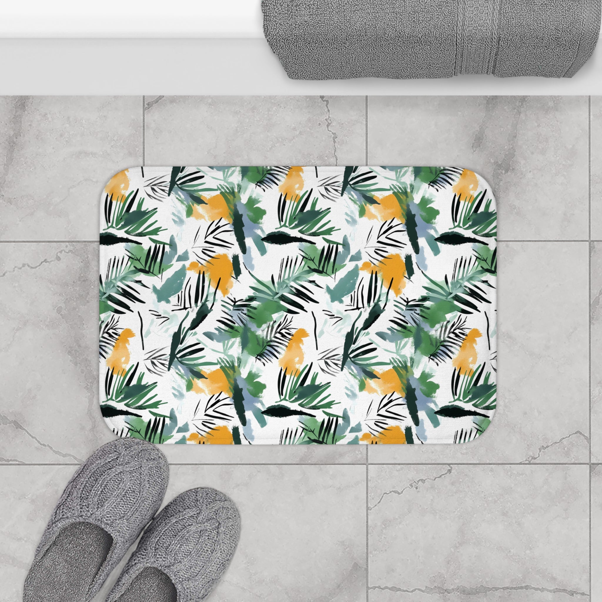 Jungle Bath Mat | White Green Yellow Leaves Floral Kitchen Mat