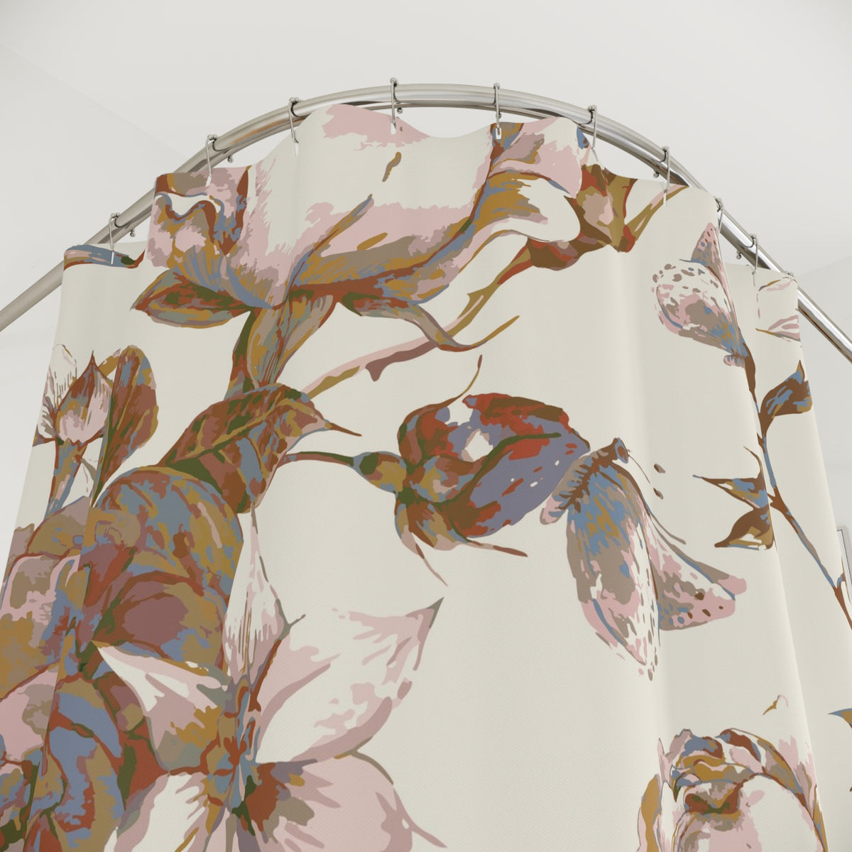 a shower curtain with a floral pattern, including flowers and butterflies.