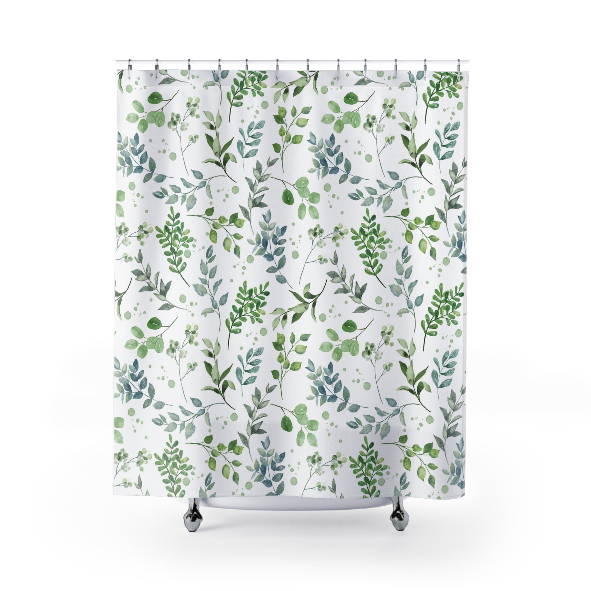 Boho Leaves Shower Curtain | Green Blue White Floral