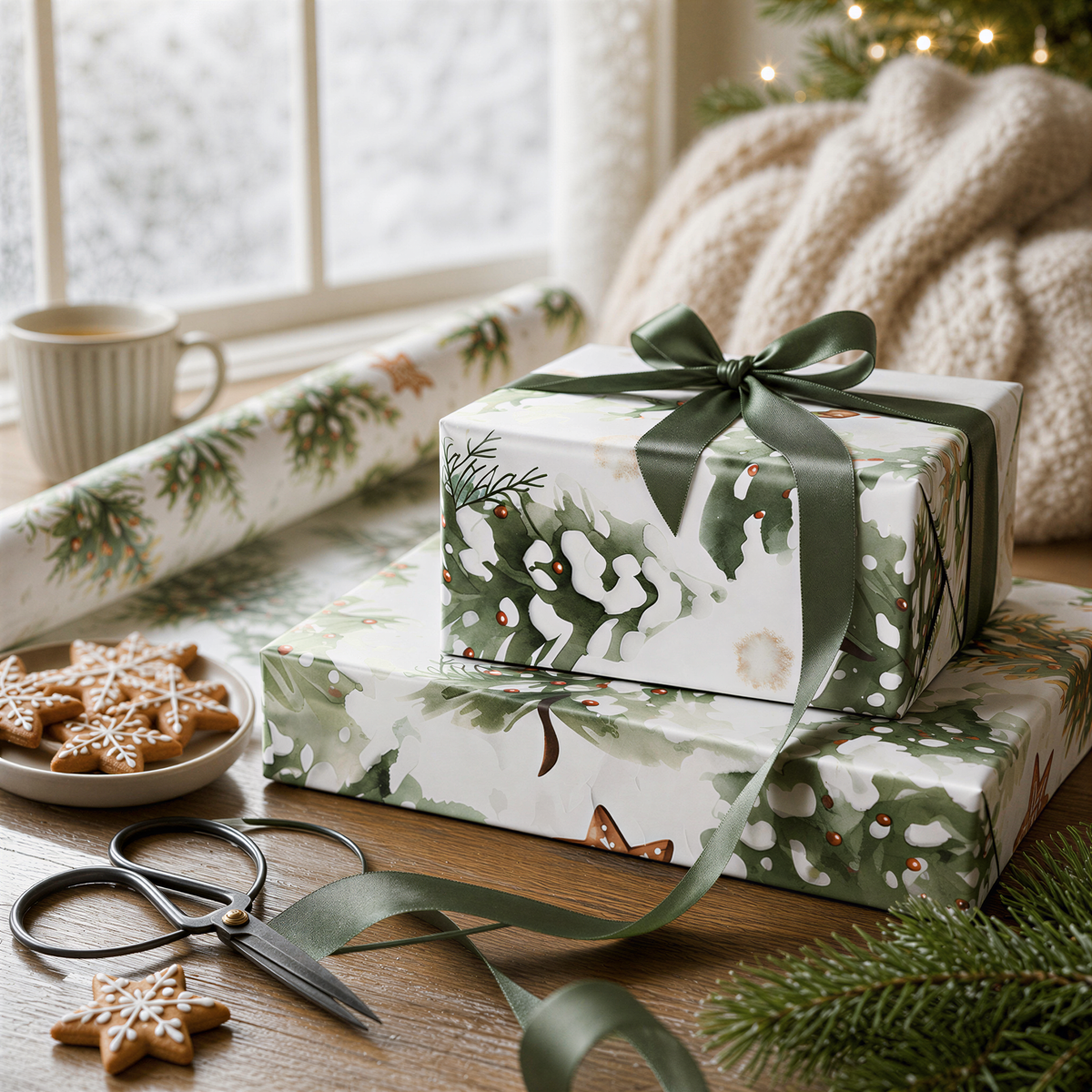 A cozy Christmas scene with a wrapped gift, a cup of coffee, cookies, and a pair of scissors on a wooden table.