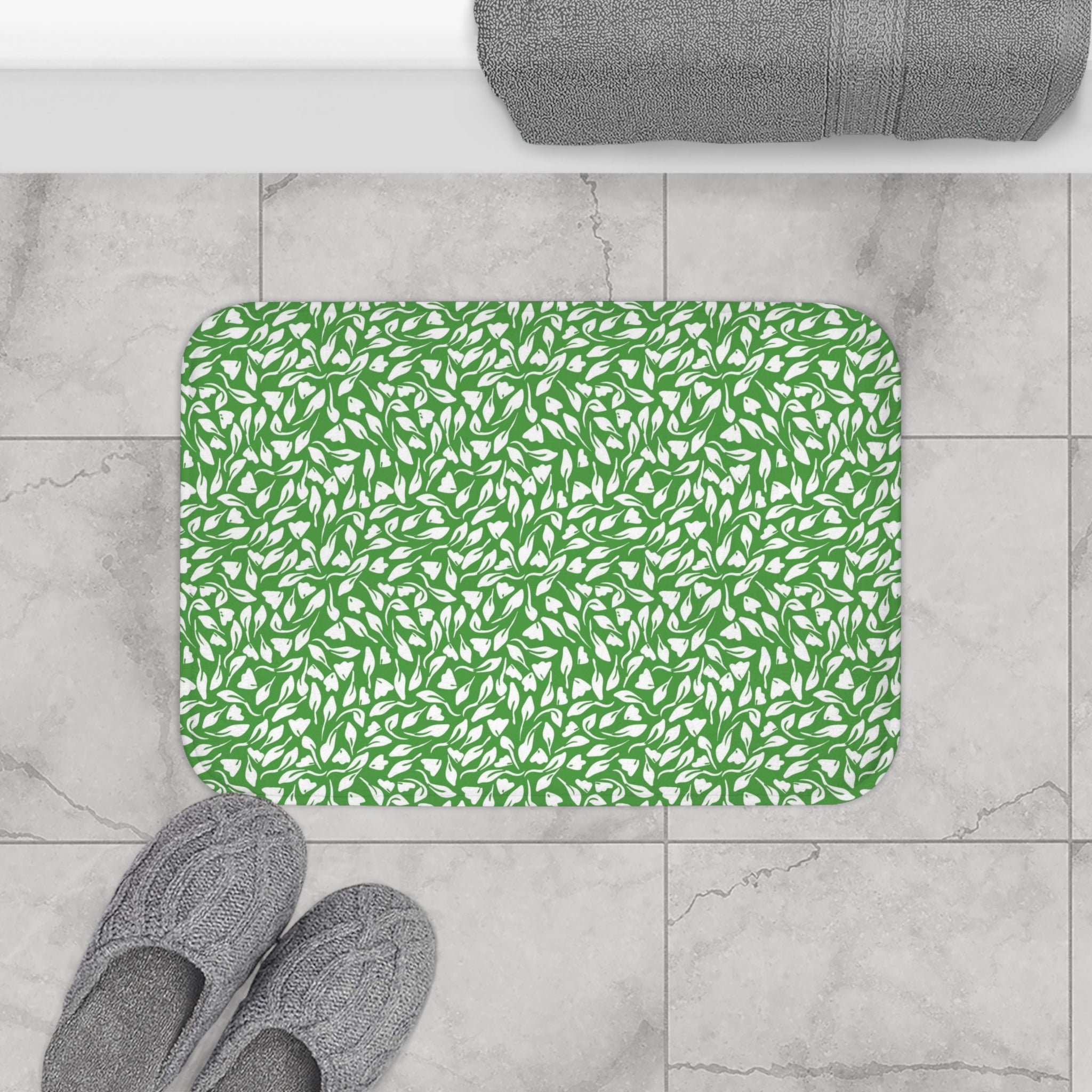 Floral Boho Bath, Kitchen Mat, Rug | White Sage Green Leaves